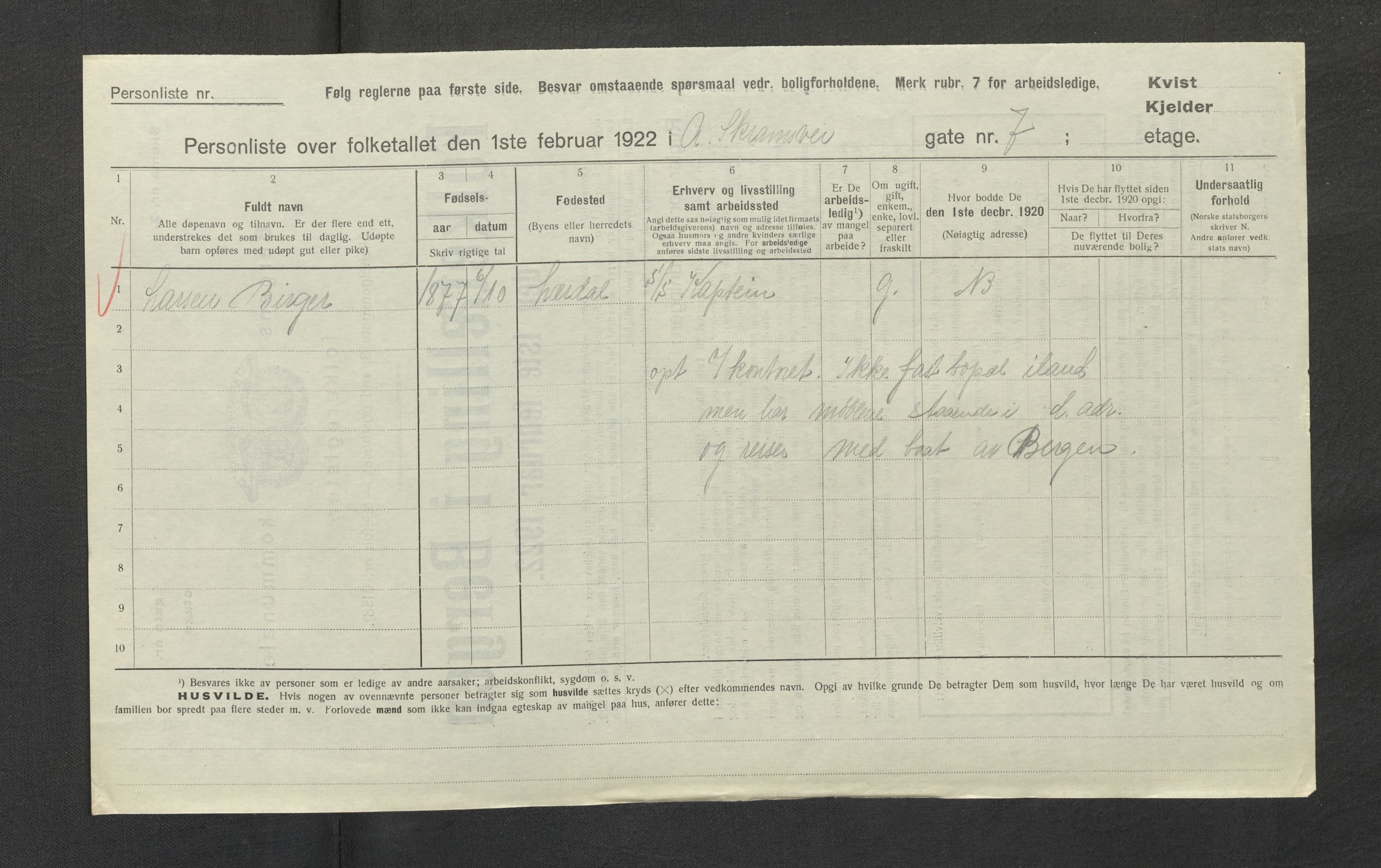 SAB, Municipal Census 1922 for Bergen, 1922, p. 1419