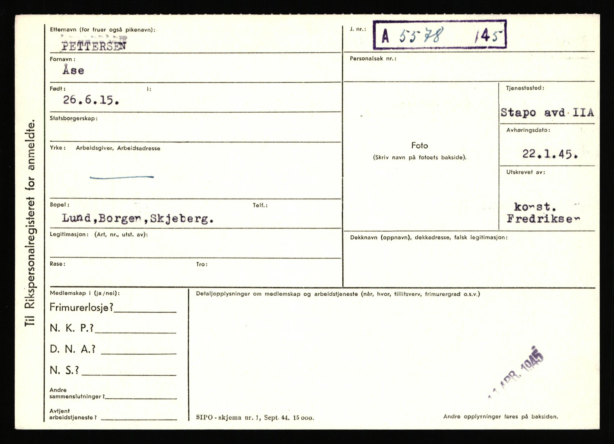 Statspolitiet - Hovedkontoret / Osloavdelingen, AV/RA-S-1329/C/Ca/L0012: Oanæs - Quistgaard	, 1943-1945, p. 3926