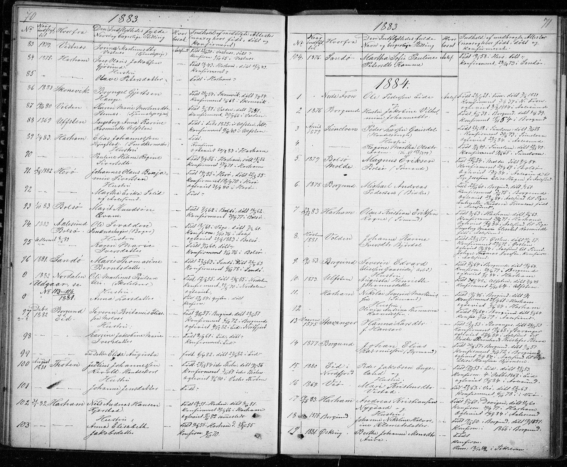 Ministerialprotokoller, klokkerbøker og fødselsregistre - Møre og Romsdal, AV/SAT-A-1454/529/L0481: Parish register (copy) no. 529C18, 1873-1898, p. 70-71