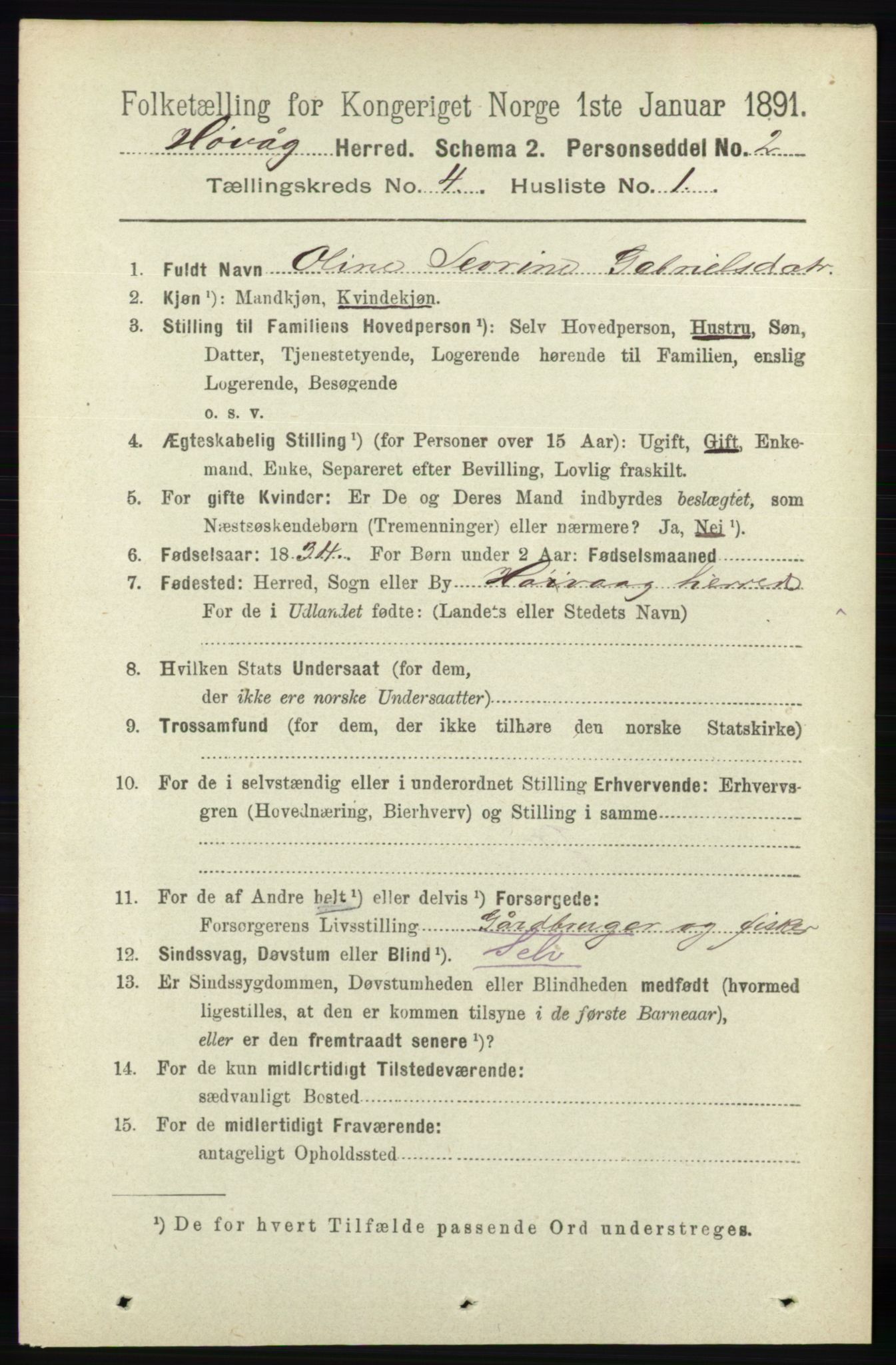 RA, 1891 census for 0927 Høvåg, 1891, p. 1510