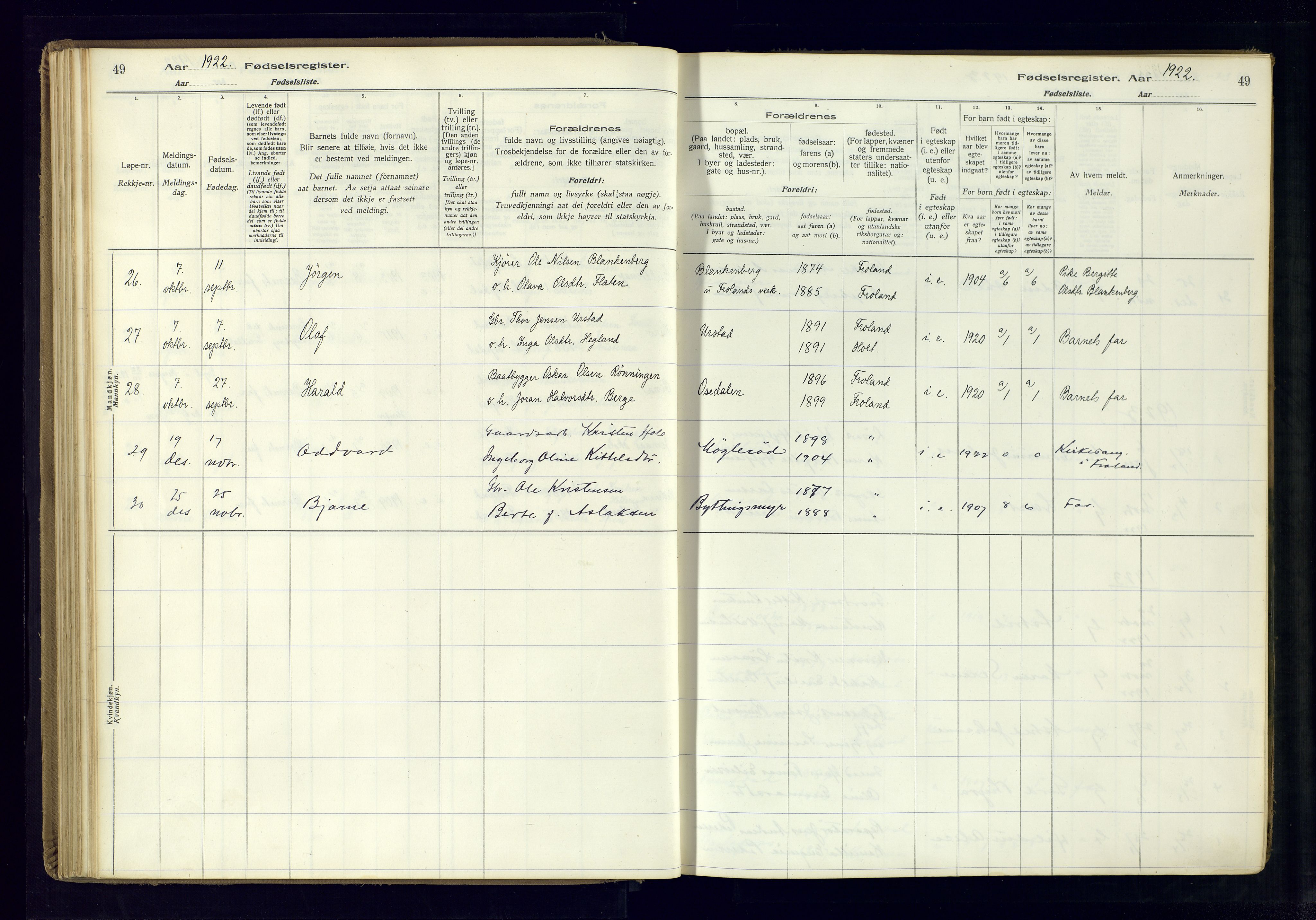 Froland sokneprestkontor, SAK/1111-0013/J/Ja/L0001: Birth register no. 1, 1916-1950, p. 49
