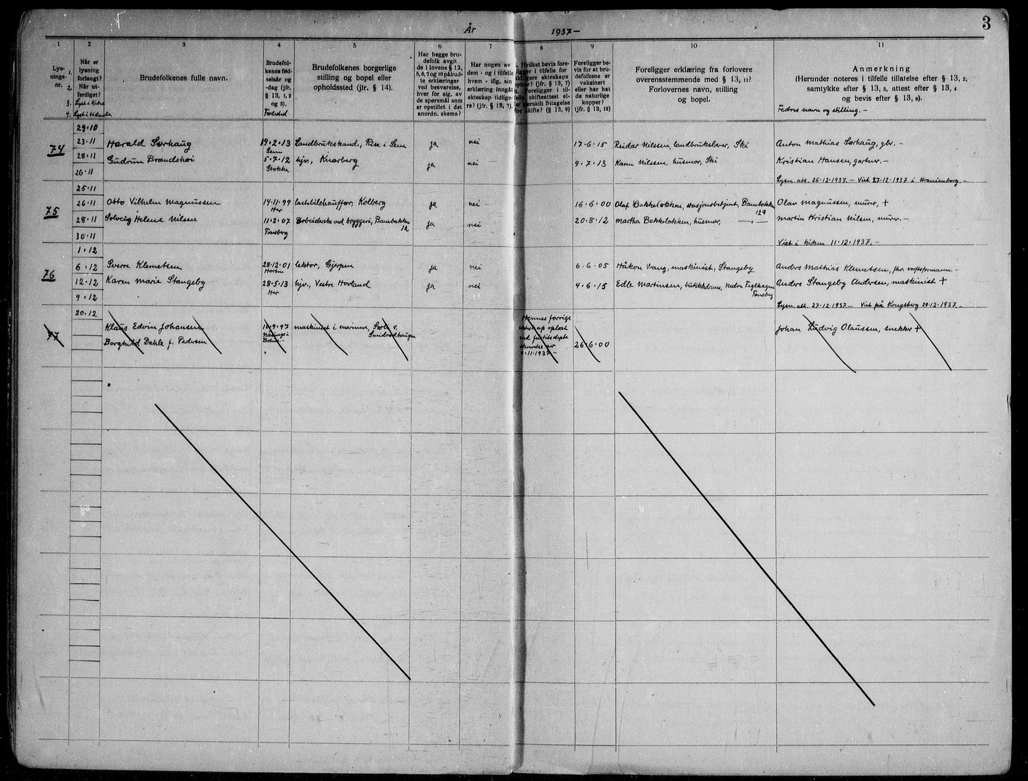 Nøtterøy kirkebøker, AV/SAKO-A-354/H/Ha/L0002: Banns register no. 2, 1937-1952, p. 3