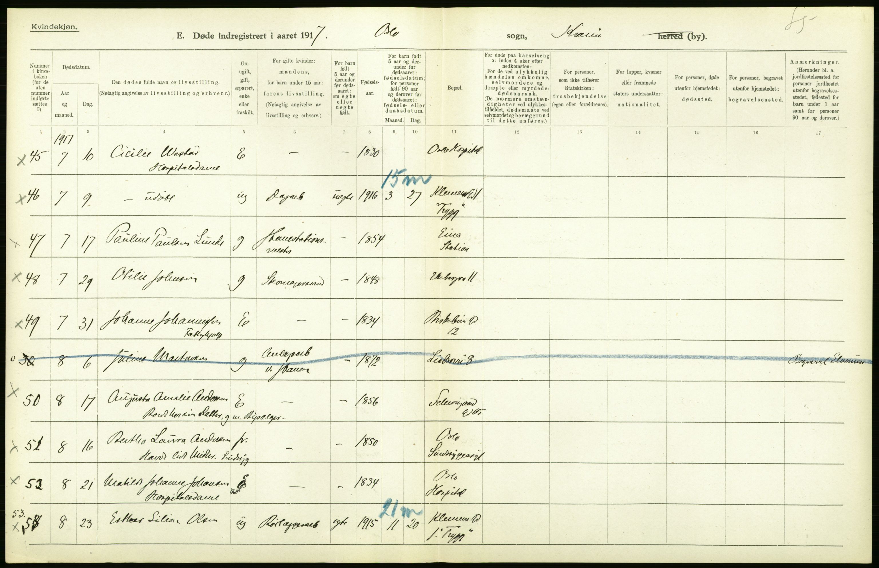 Statistisk sentralbyrå, Sosiodemografiske emner, Befolkning, RA/S-2228/D/Df/Dfb/Dfbg/L0011: Kristiania: Døde, dødfødte., 1917, p. 166