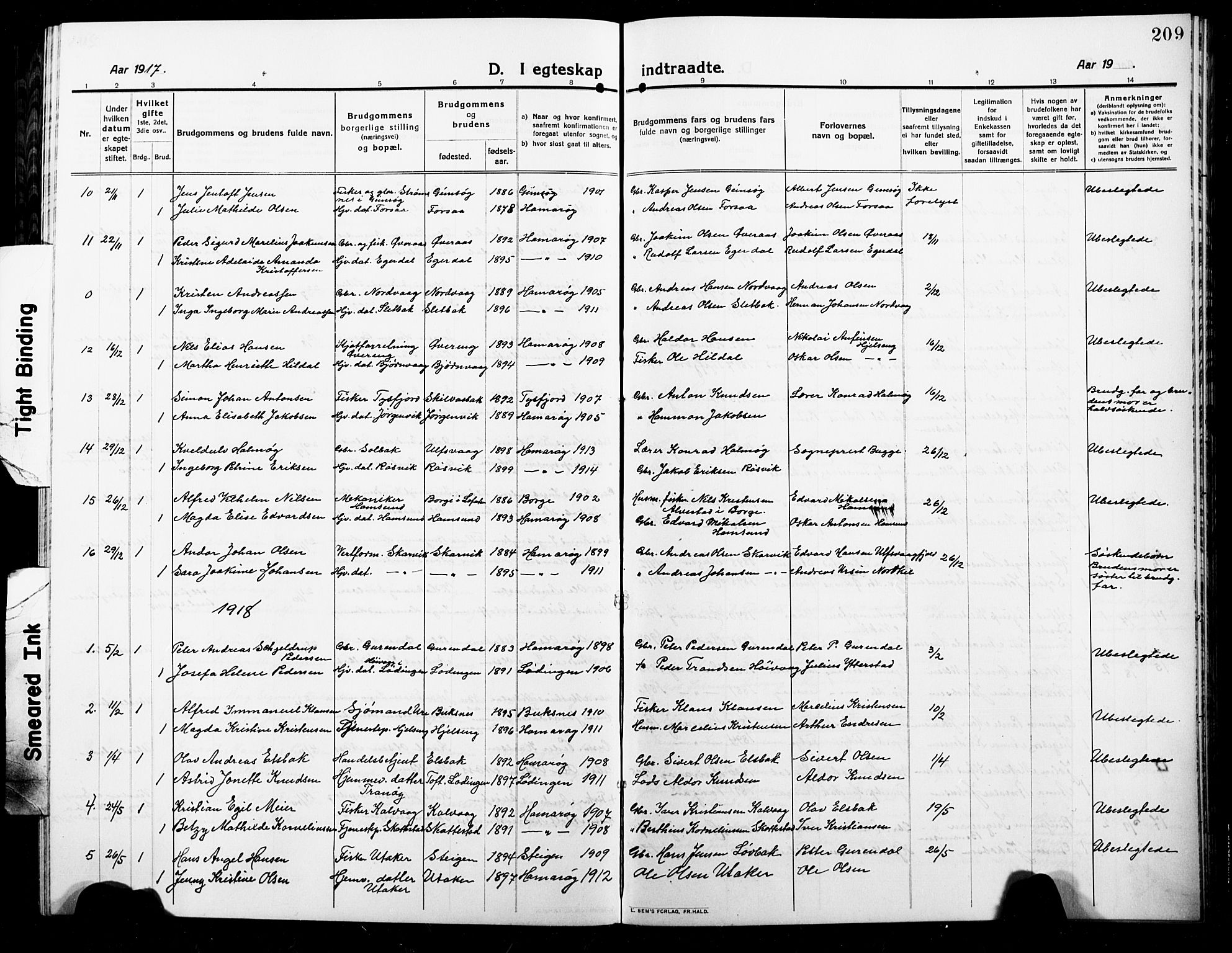 Ministerialprotokoller, klokkerbøker og fødselsregistre - Nordland, AV/SAT-A-1459/859/L0861: Parish register (copy) no. 859C07, 1910-1925, p. 209