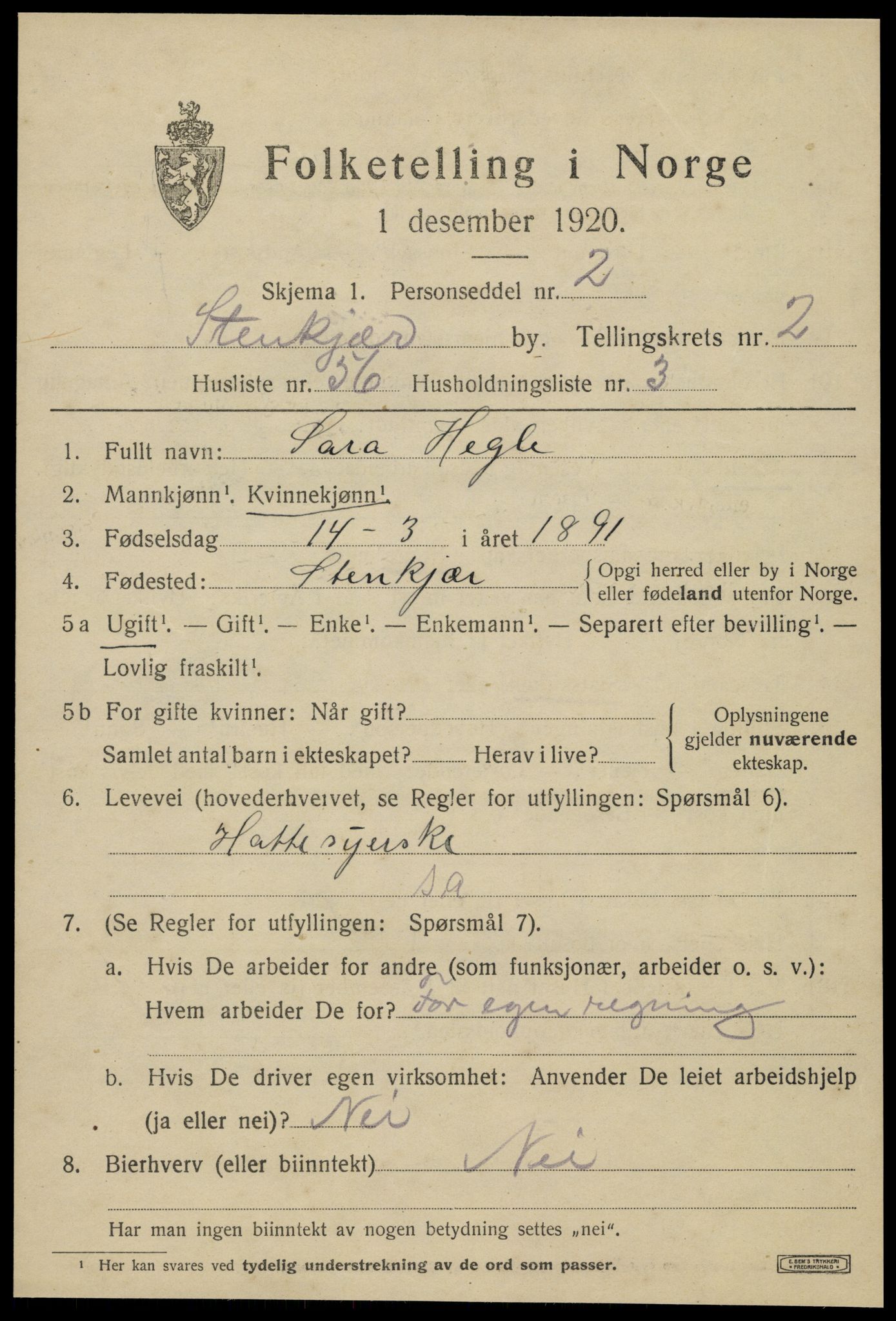 SAT, 1920 census for Steinkjer, 1920, p. 5324