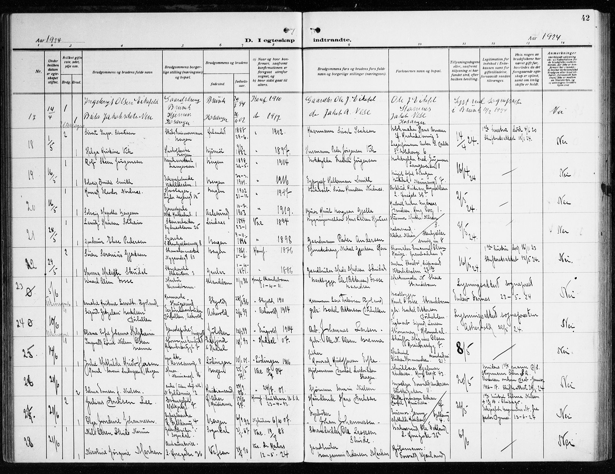 Korskirken sokneprestembete, AV/SAB-A-76101/H/Haa/L0039: Parish register (official) no. D 6, 1919-1938, p. 42