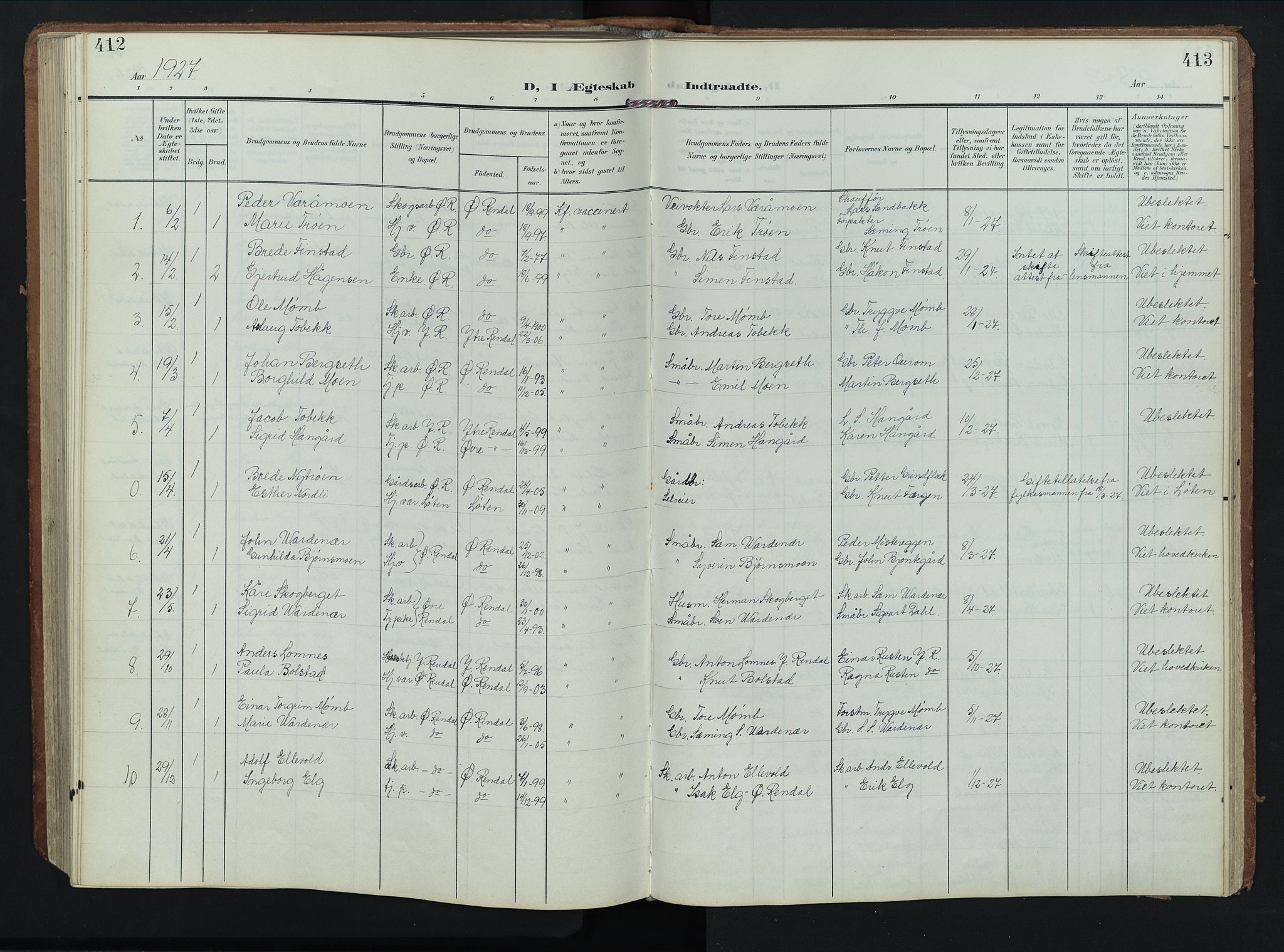 Rendalen prestekontor, AV/SAH-PREST-054/H/Ha/Hab/L0004: Parish register (copy) no. 4, 1904-1946, p. 412-413