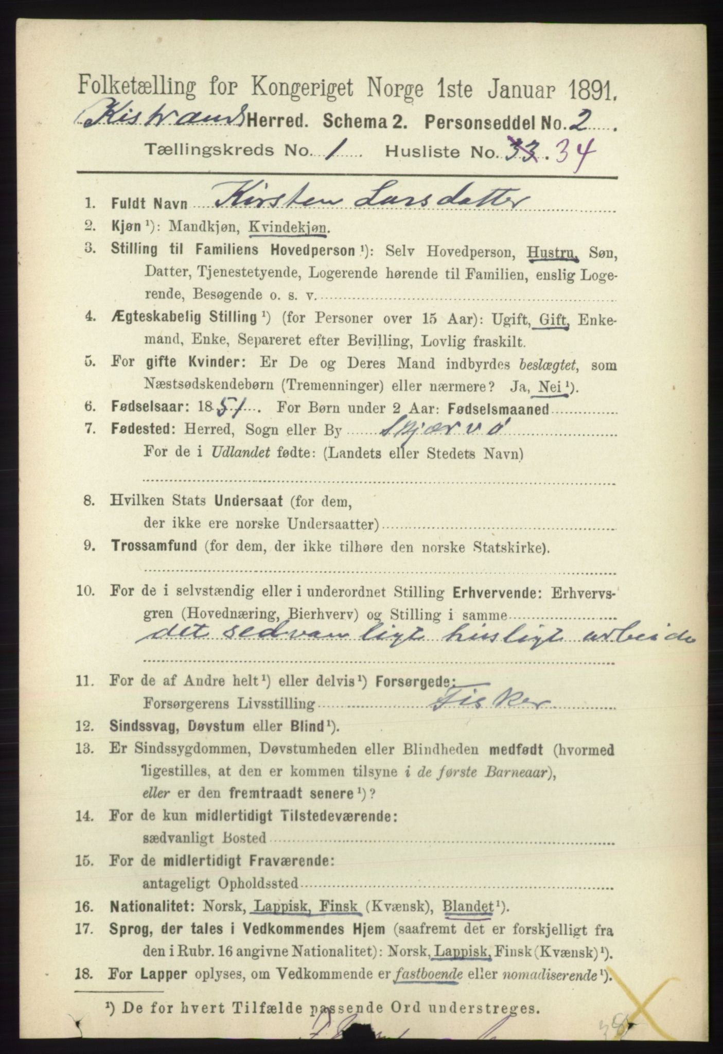 RA, 1891 census for 2020 Kistrand, 1891, p. 290