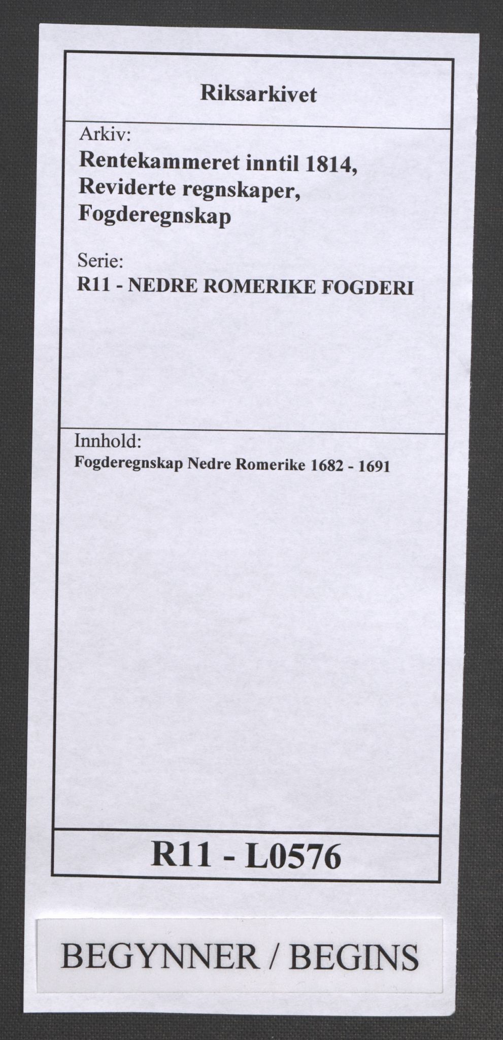 Rentekammeret inntil 1814, Reviderte regnskaper, Fogderegnskap, RA/EA-4092/R11/L0576: Fogderegnskap Nedre Romerike, 1682-1691, p. 1