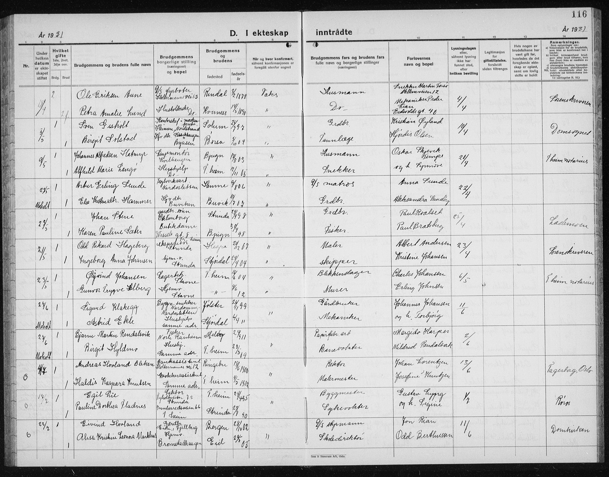 Ministerialprotokoller, klokkerbøker og fødselsregistre - Sør-Trøndelag, SAT/A-1456/607/L0327: Parish register (copy) no. 607C01, 1930-1939, p. 116