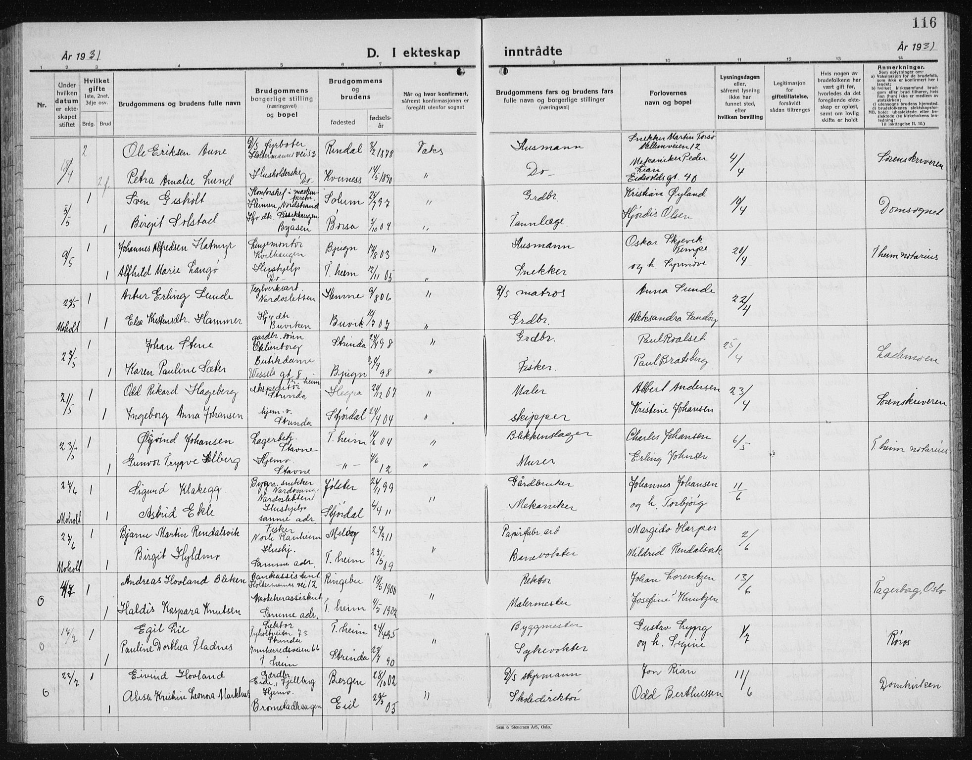 Ministerialprotokoller, klokkerbøker og fødselsregistre - Sør-Trøndelag, AV/SAT-A-1456/607/L0327: Parish register (copy) no. 607C01, 1930-1939, p. 116