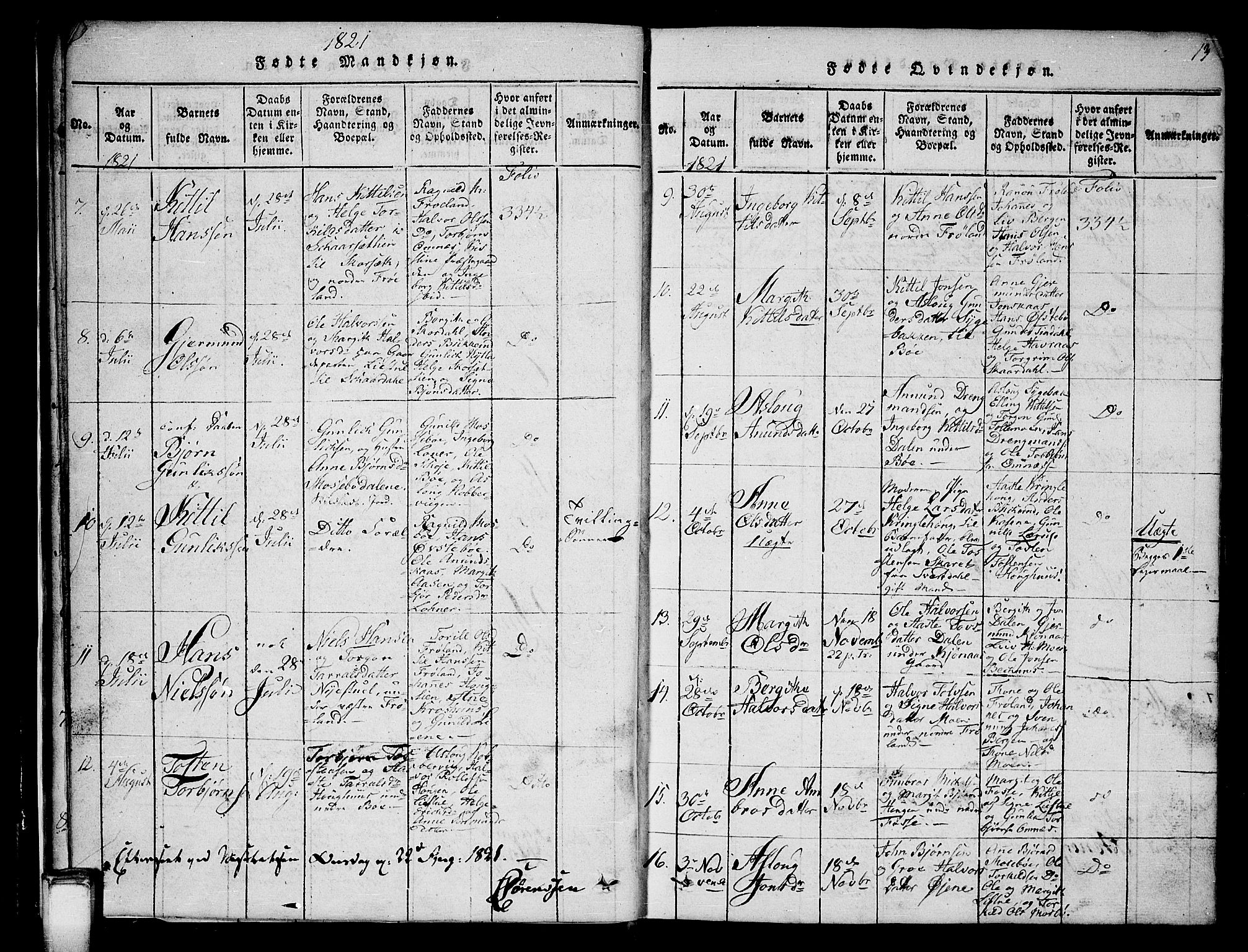 Hjartdal kirkebøker, AV/SAKO-A-270/G/Gb/L0001: Parish register (copy) no. II 1, 1815-1842, p. 13