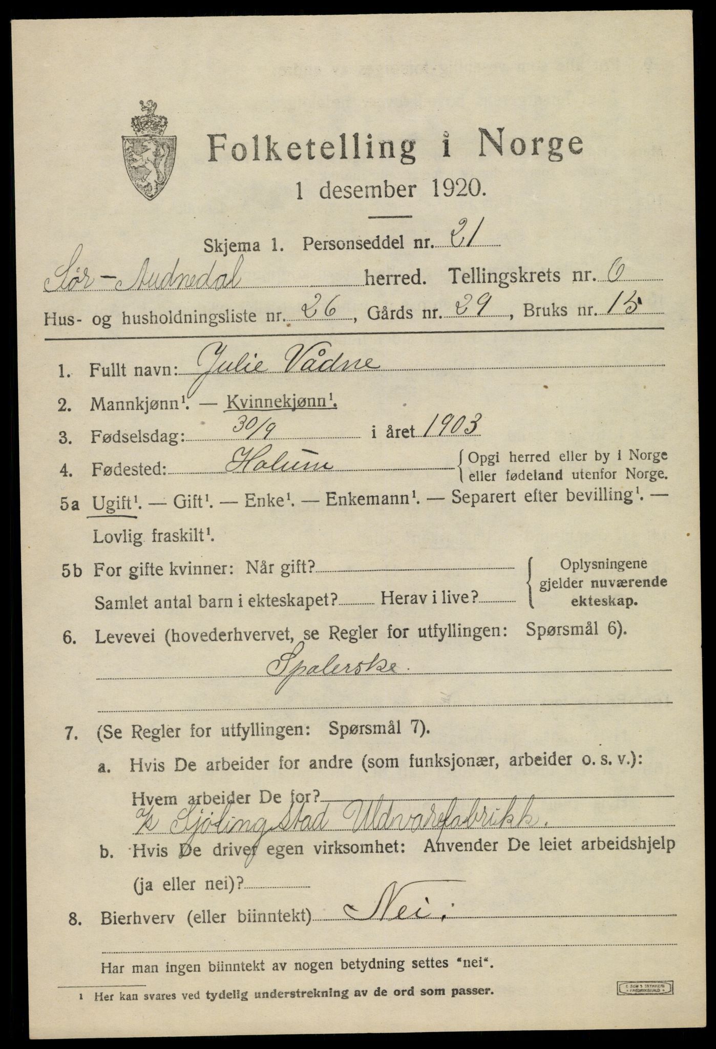 SAK, 1920 census for Sør-Audnedal, 1920, p. 2989