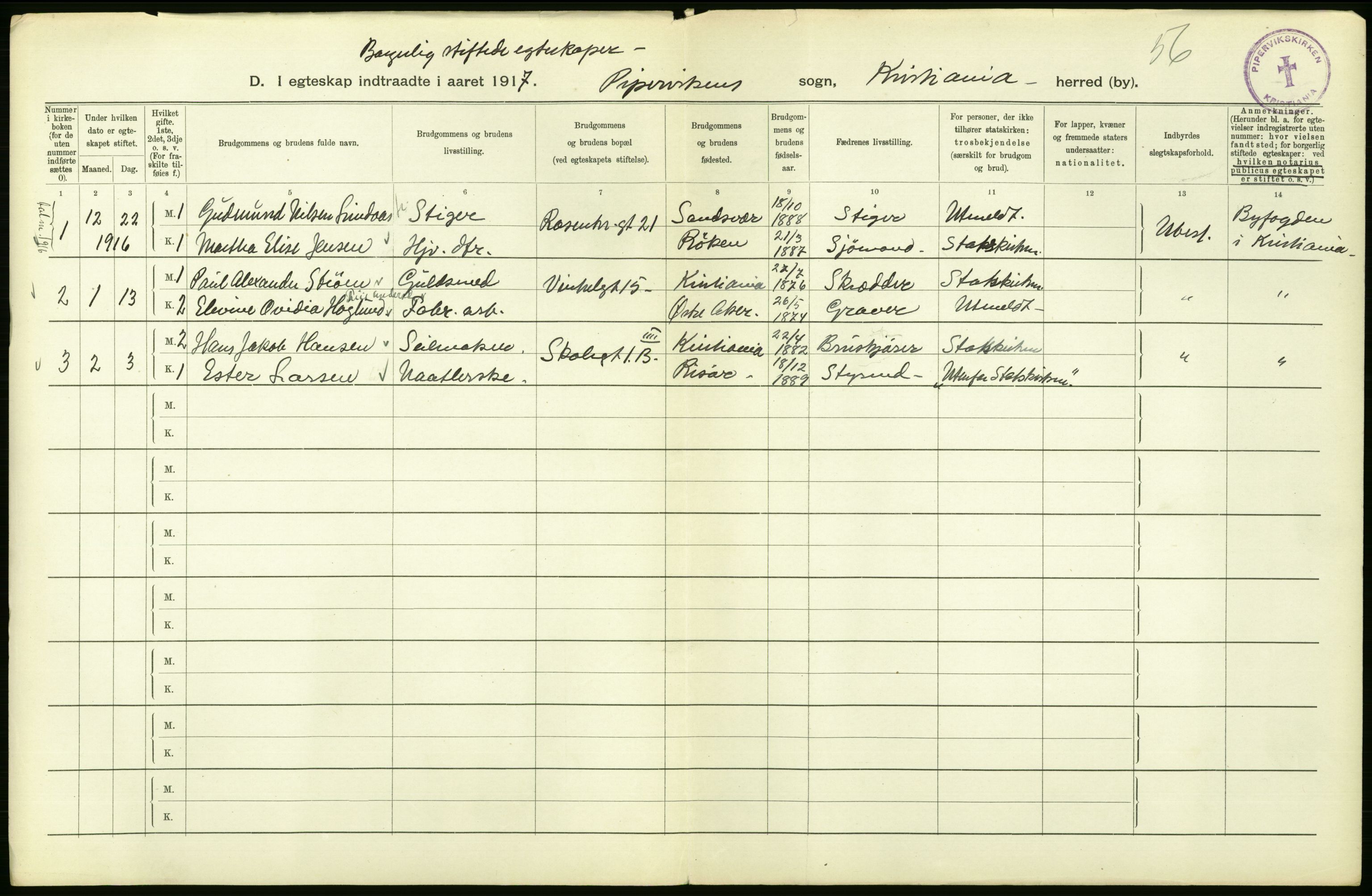 Statistisk sentralbyrå, Sosiodemografiske emner, Befolkning, AV/RA-S-2228/D/Df/Dfb/Dfbg/L0009: Kristiania: Gifte, 1917, p. 280