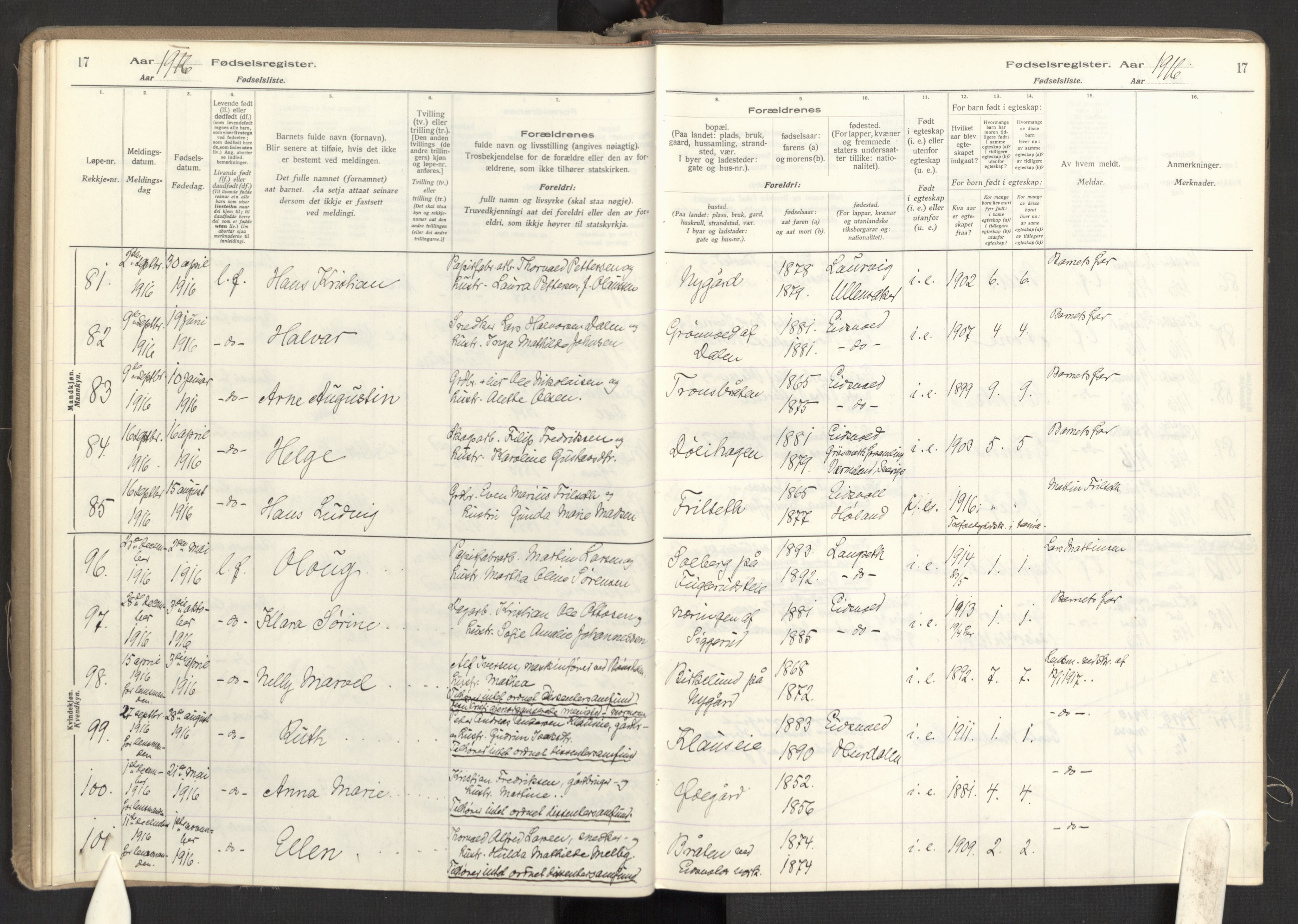 Eidsvoll prestekontor Kirkebøker, SAO/A-10888: Birth register no. I 1, 1916-1924, p. 17