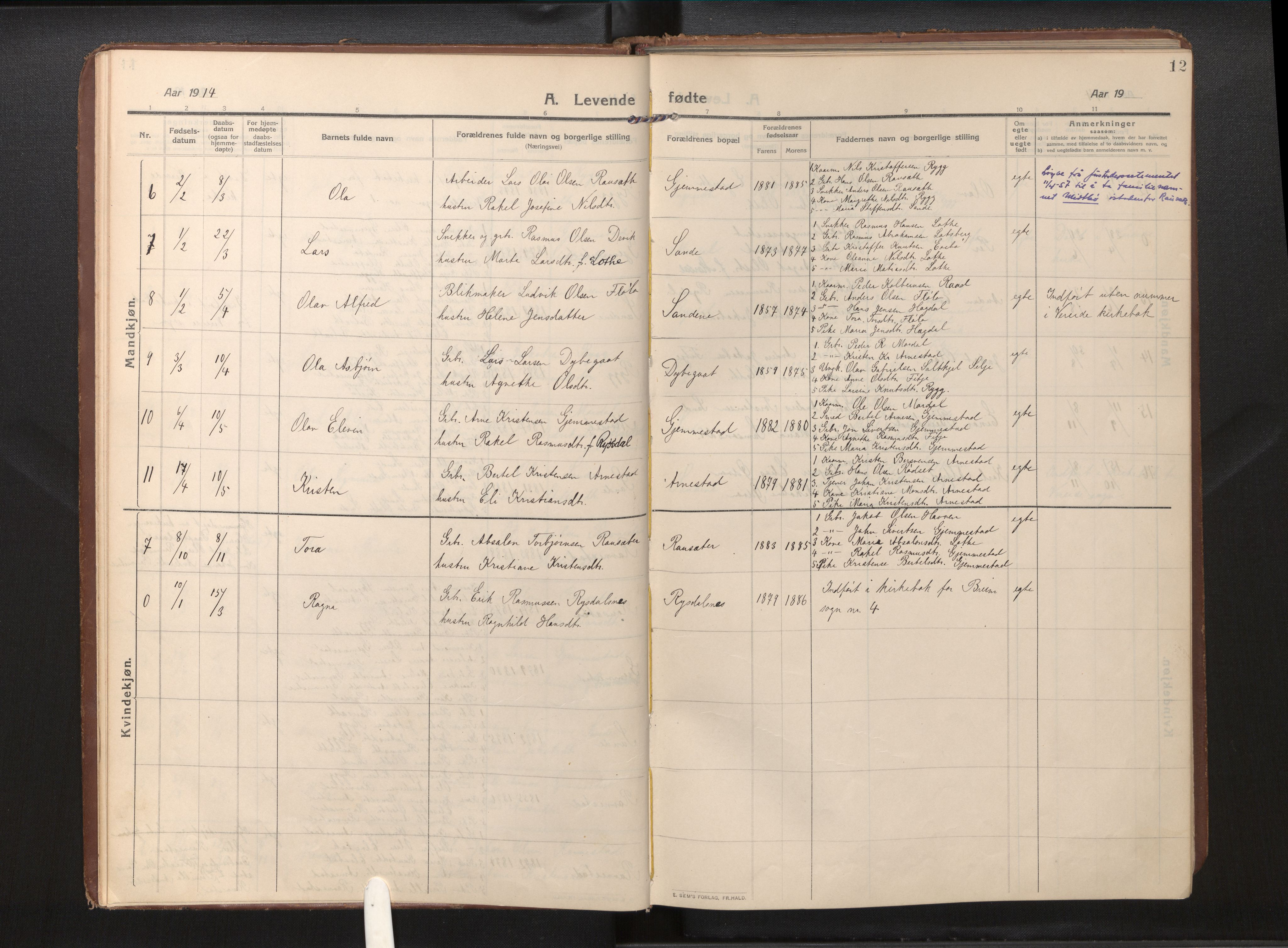 Gloppen sokneprestembete, AV/SAB-A-80101/H/Haa/Haad/L0002: Parish register (official) no. D 2, 1911-1925, p. 11b-12a