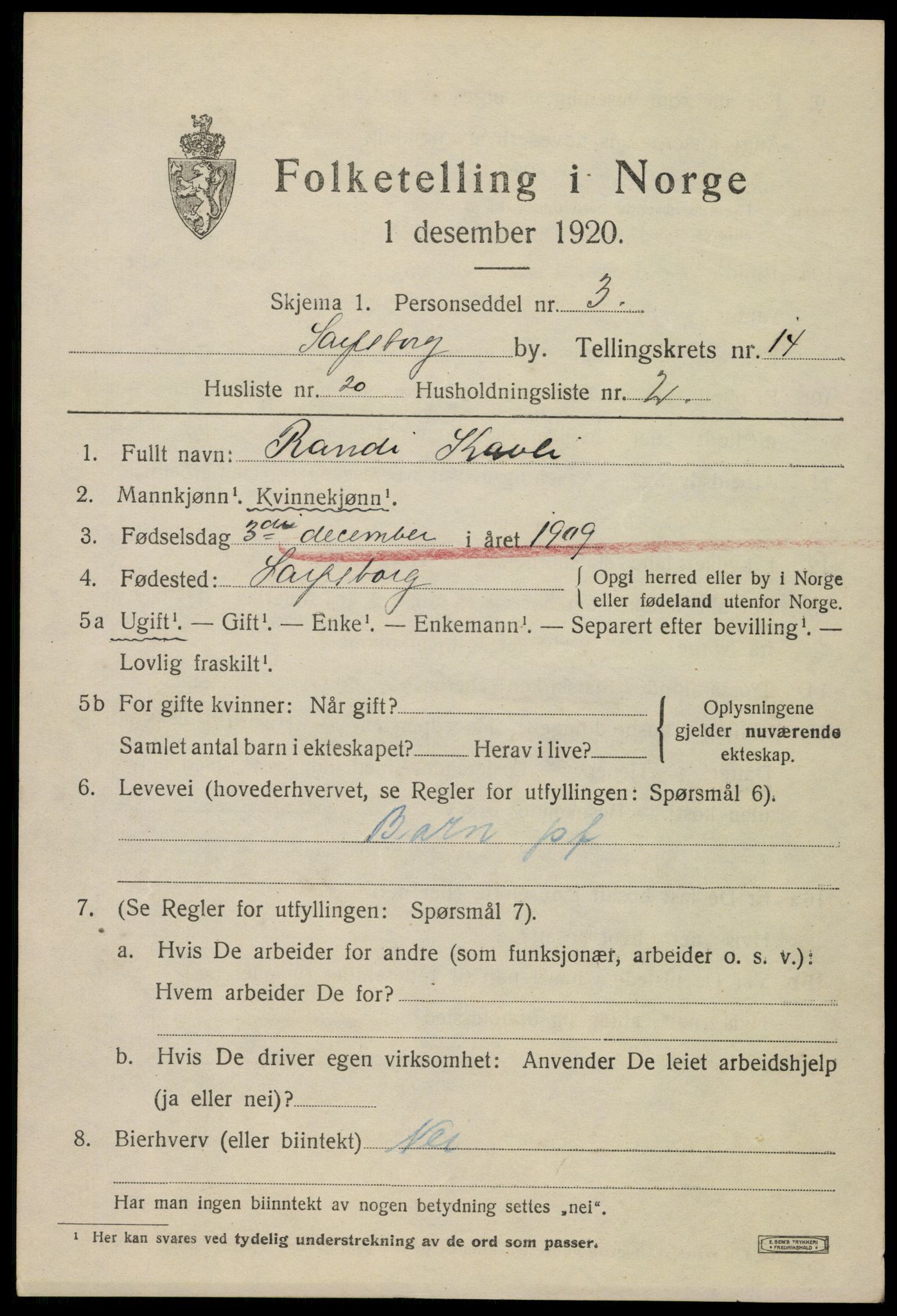 SAO, 1920 census for Sarpsborg, 1920, p. 28746