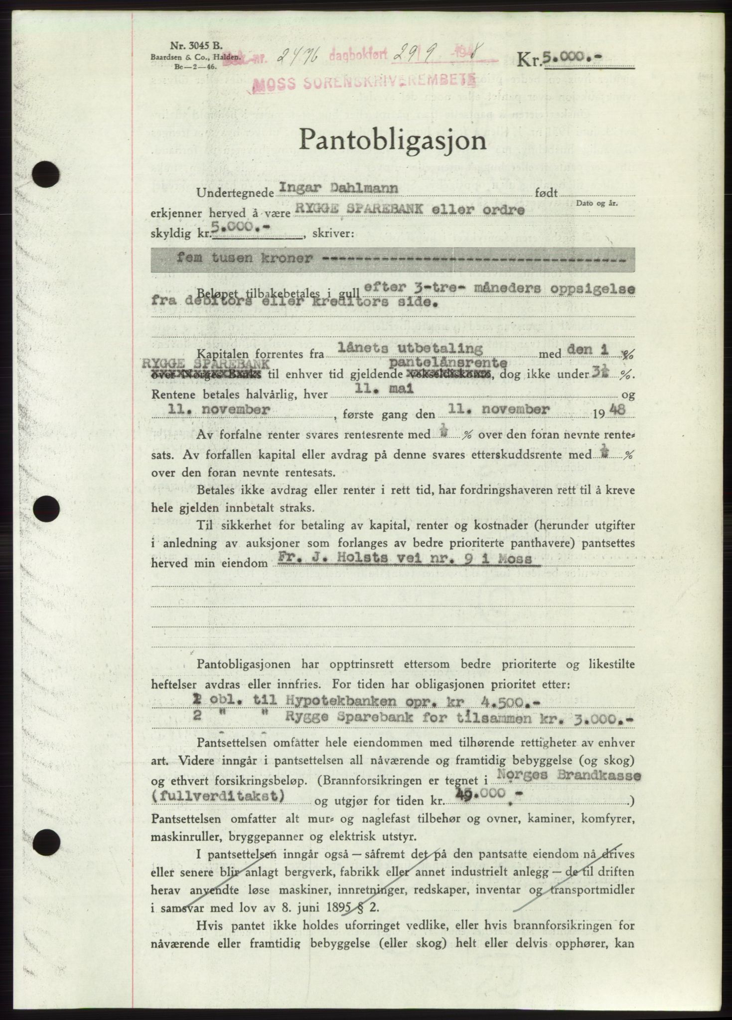 Moss sorenskriveri, AV/SAO-A-10168: Mortgage book no. B20, 1948-1948, Diary no: : 2476/1948