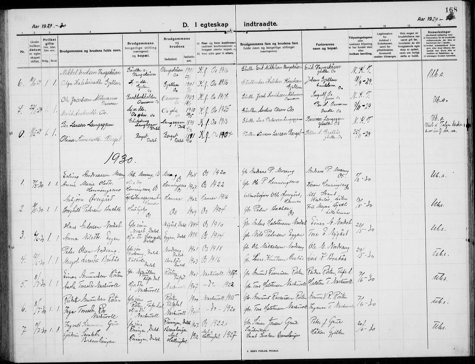 Tolga prestekontor, SAH/PREST-062/L/L0014: Parish register (copy) no. 14, 1913-1936, p. 168