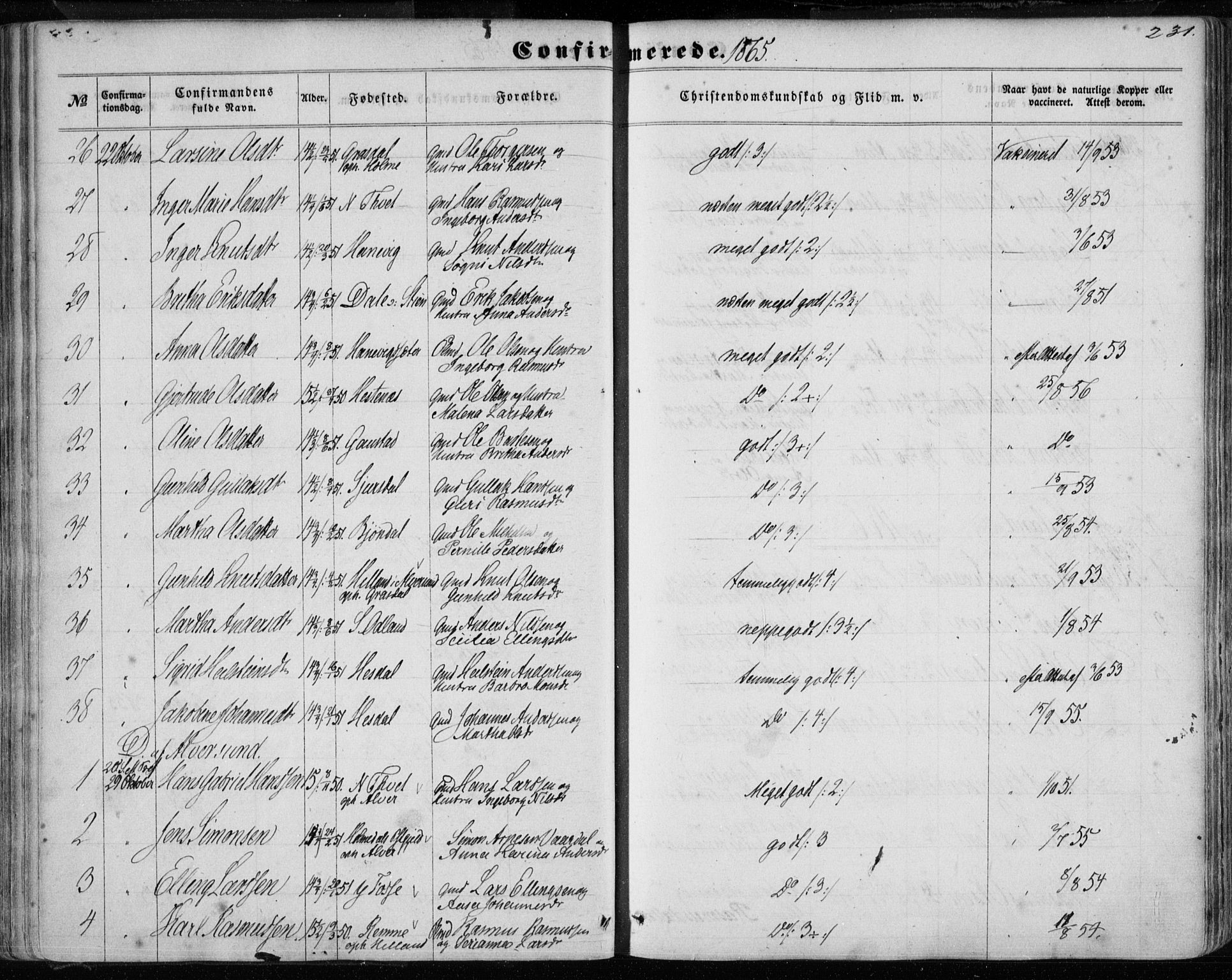 Hamre sokneprestembete, SAB/A-75501/H/Ha/Haa/Haaa/L0014: Parish register (official) no. A 14, 1858-1872, p. 231