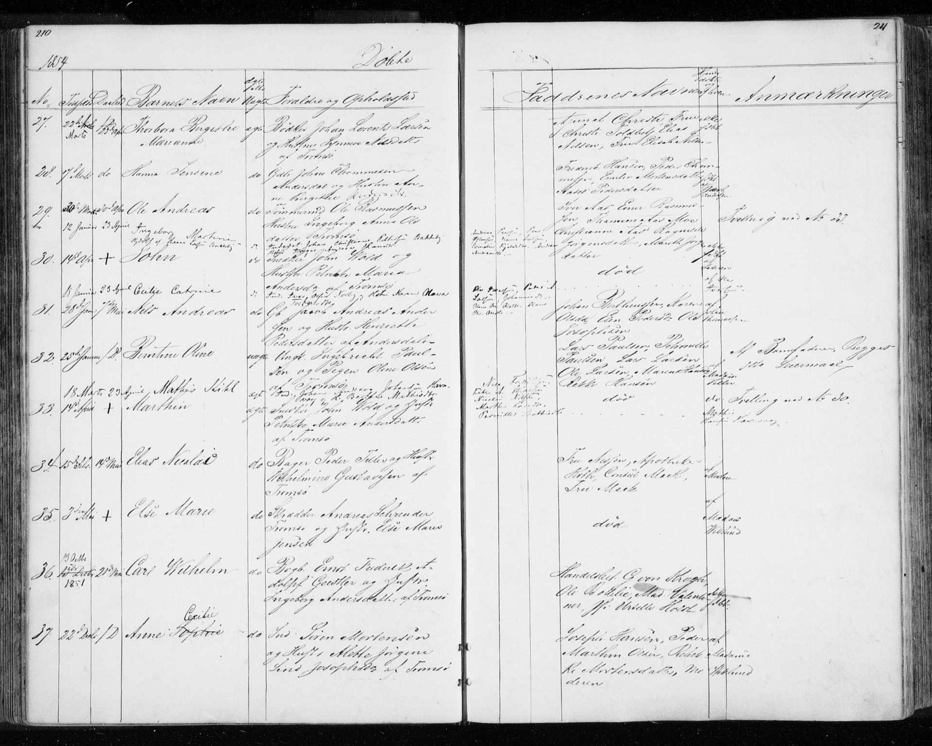 Tromsø sokneprestkontor/stiftsprosti/domprosti, AV/SATØ-S-1343/G/Gb/L0005klokker: Parish register (copy) no. 5, 1846-1857, p. 210-211