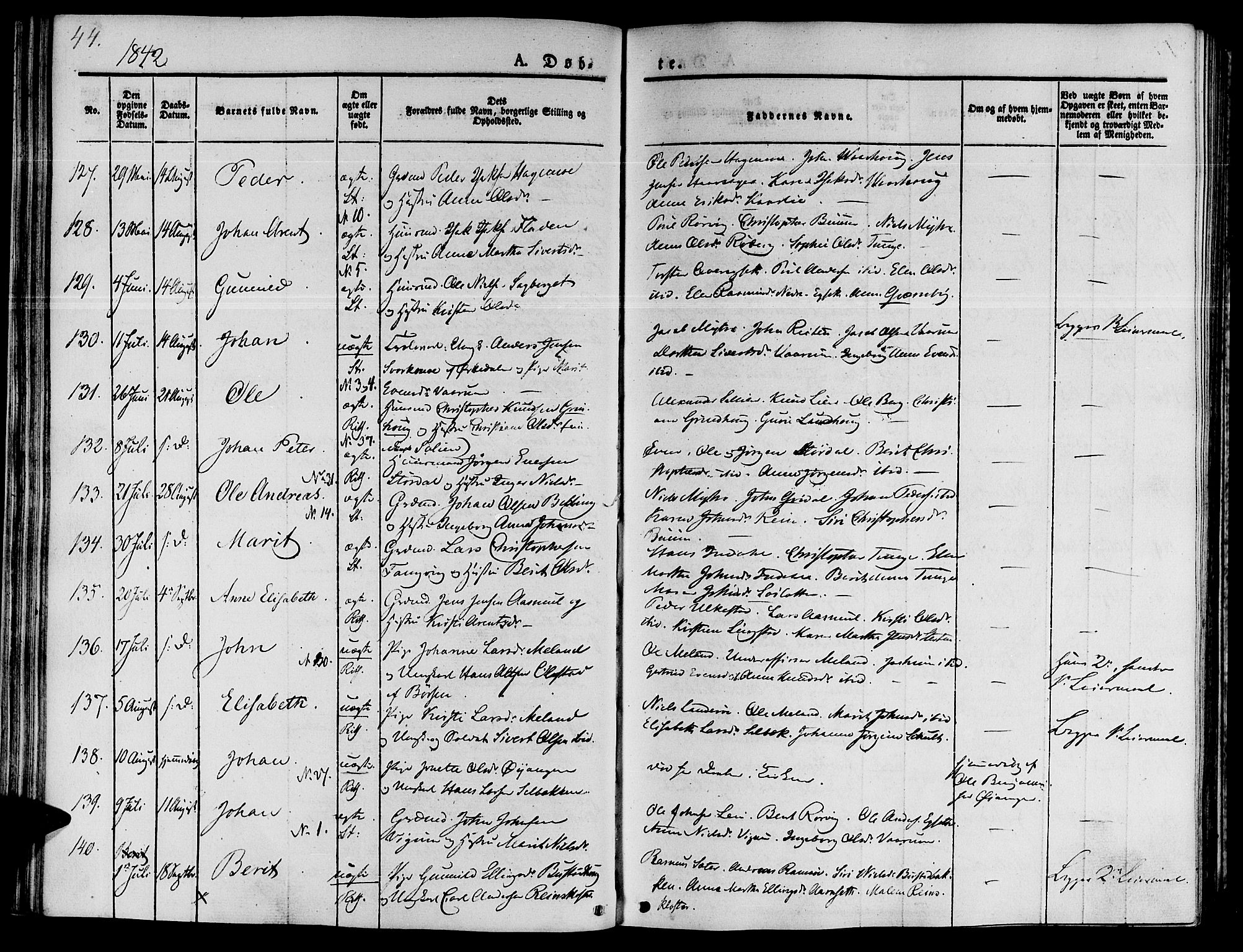 Ministerialprotokoller, klokkerbøker og fødselsregistre - Sør-Trøndelag, SAT/A-1456/646/L0610: Parish register (official) no. 646A08, 1837-1847, p. 44