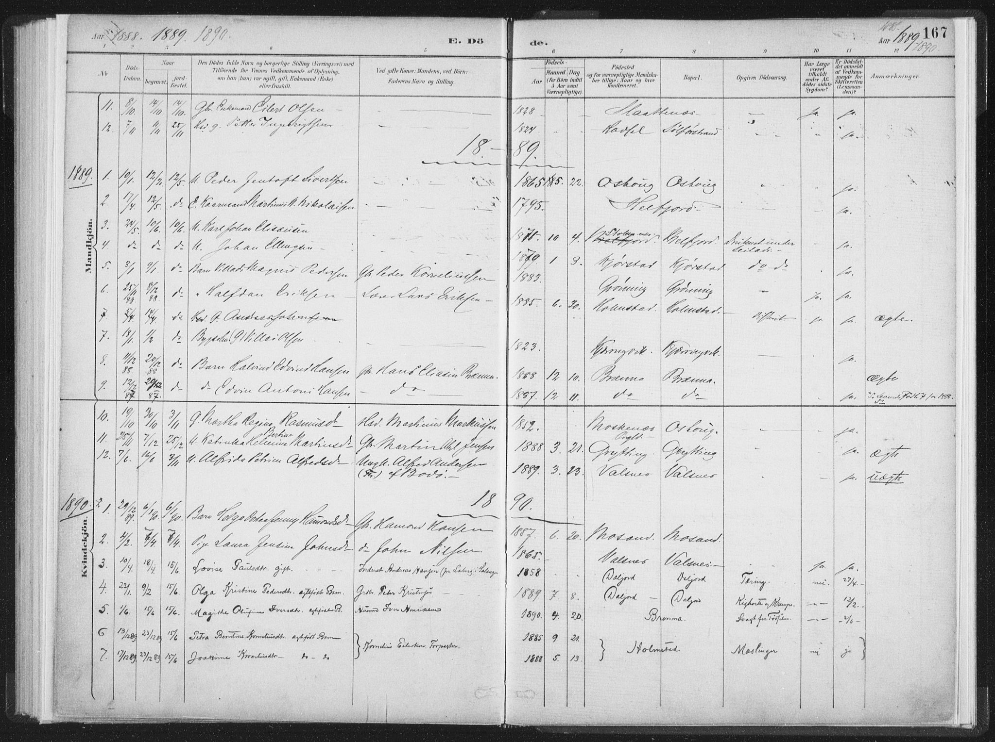 Ministerialprotokoller, klokkerbøker og fødselsregistre - Nordland, SAT/A-1459/890/L1286: Parish register (official) no. 890A01, 1882-1902, p. 167