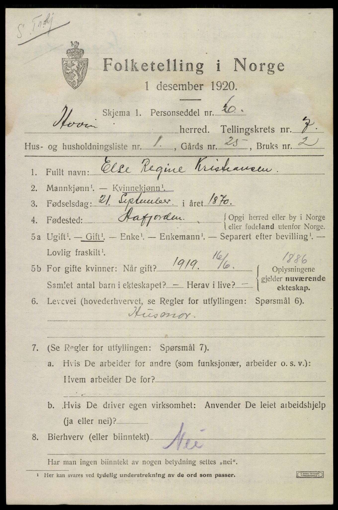 SAKO, 1920 census for Hovin, 1920, p. 1701