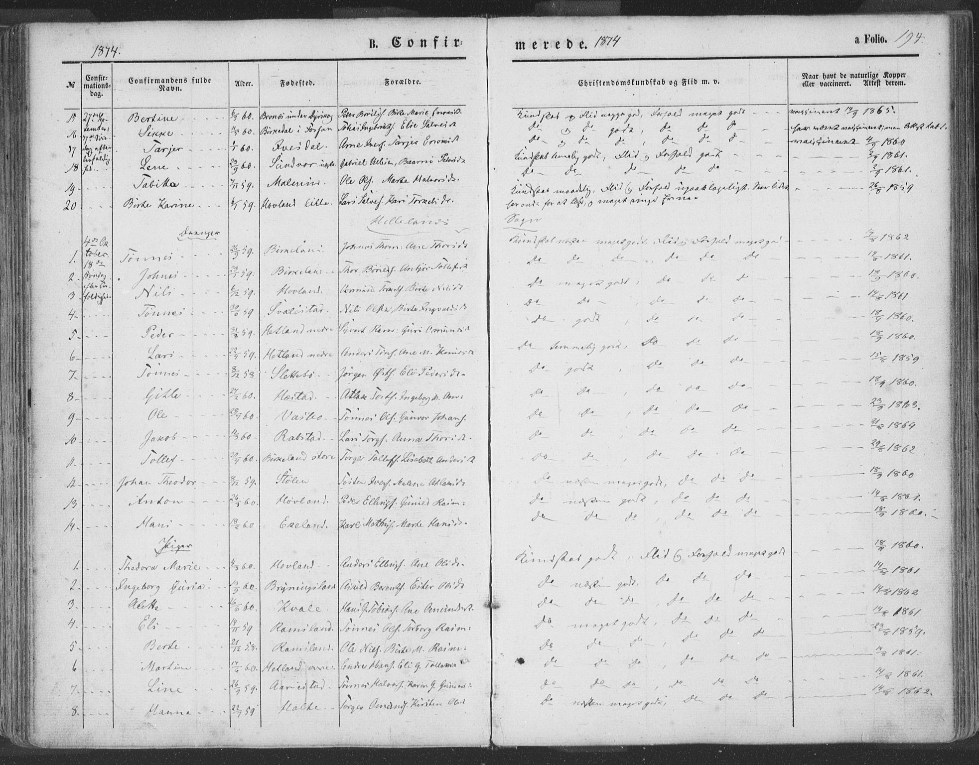 Helleland sokneprestkontor, AV/SAST-A-101810: Parish register (official) no. A 7.1, 1863-1886, p. 194