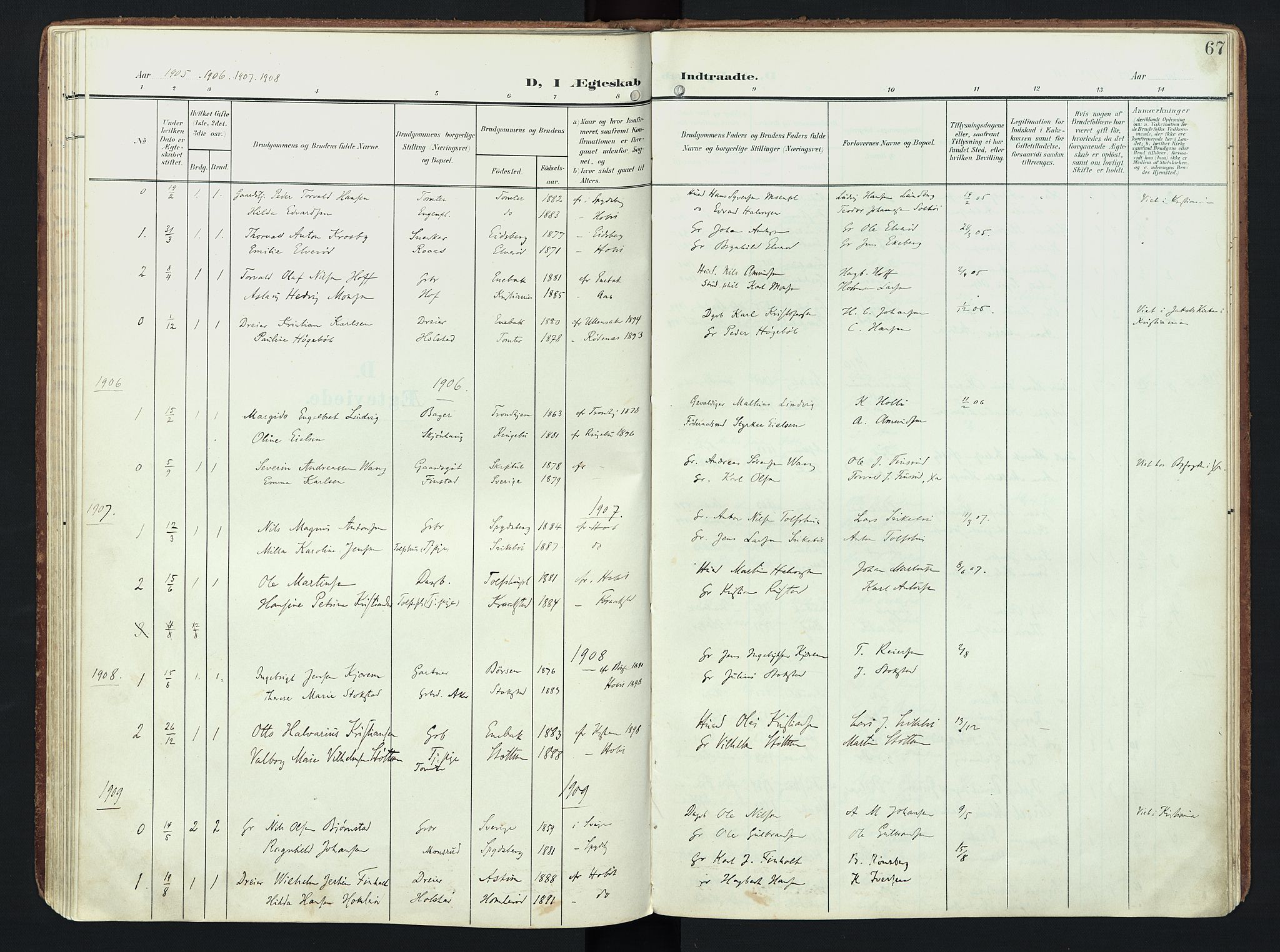 Hobøl prestekontor Kirkebøker, AV/SAO-A-2002/F/Fb/L0002: Parish register (official) no. II 2, 1905-1927, p. 67