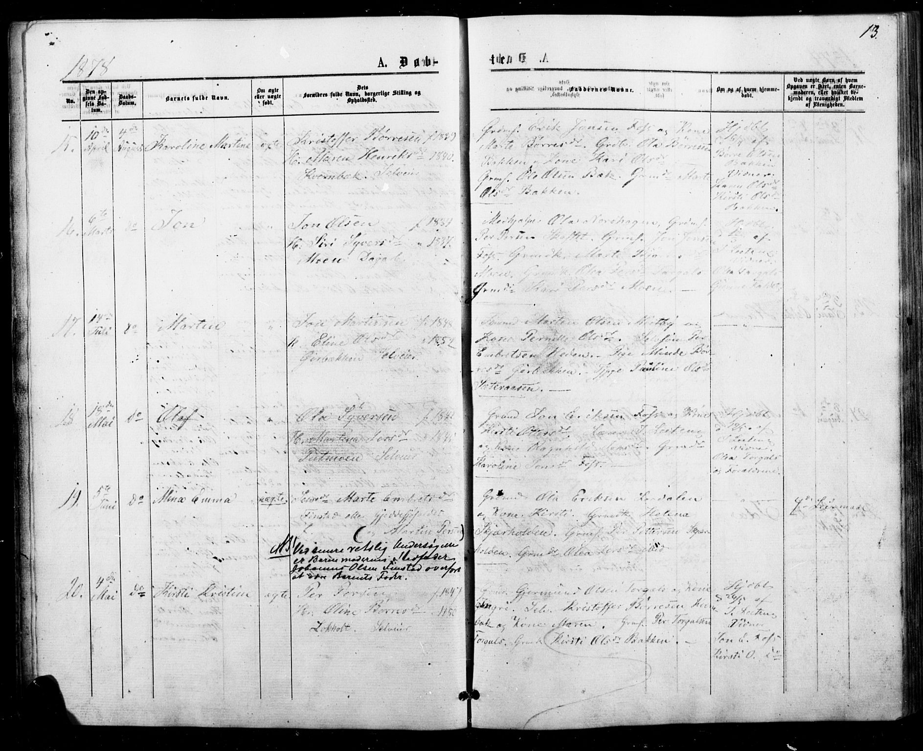 Trysil prestekontor, SAH/PREST-046/H/Ha/Haa/L0010: Parish register (official) no. 10, 1872-1895, p. 13