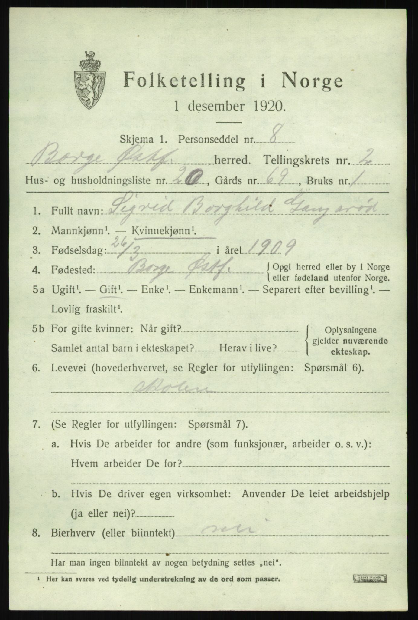 SAO, 1920 census for Borge, 1920, p. 3231