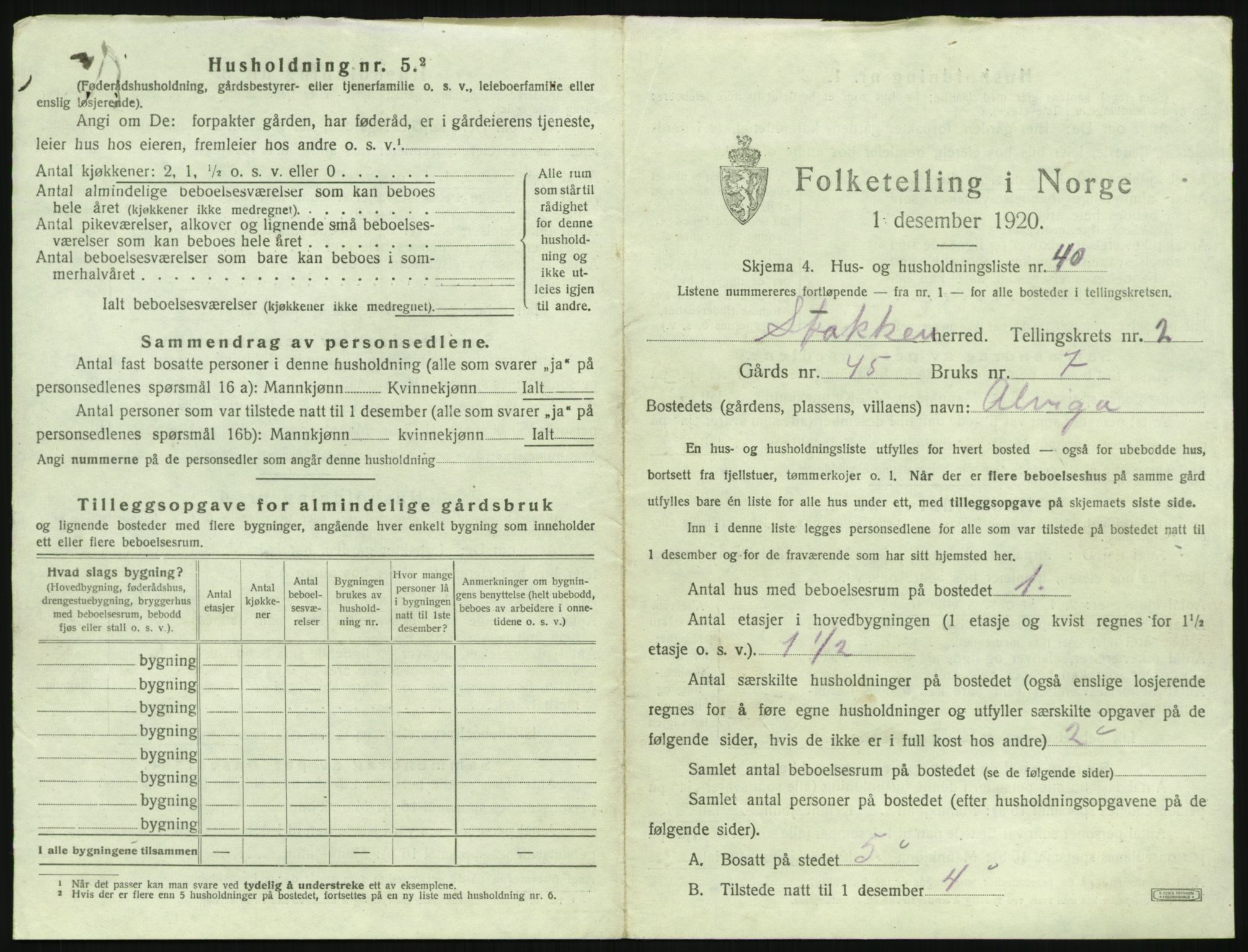 SAK, 1920 census for Stokken, 1920, p. 298