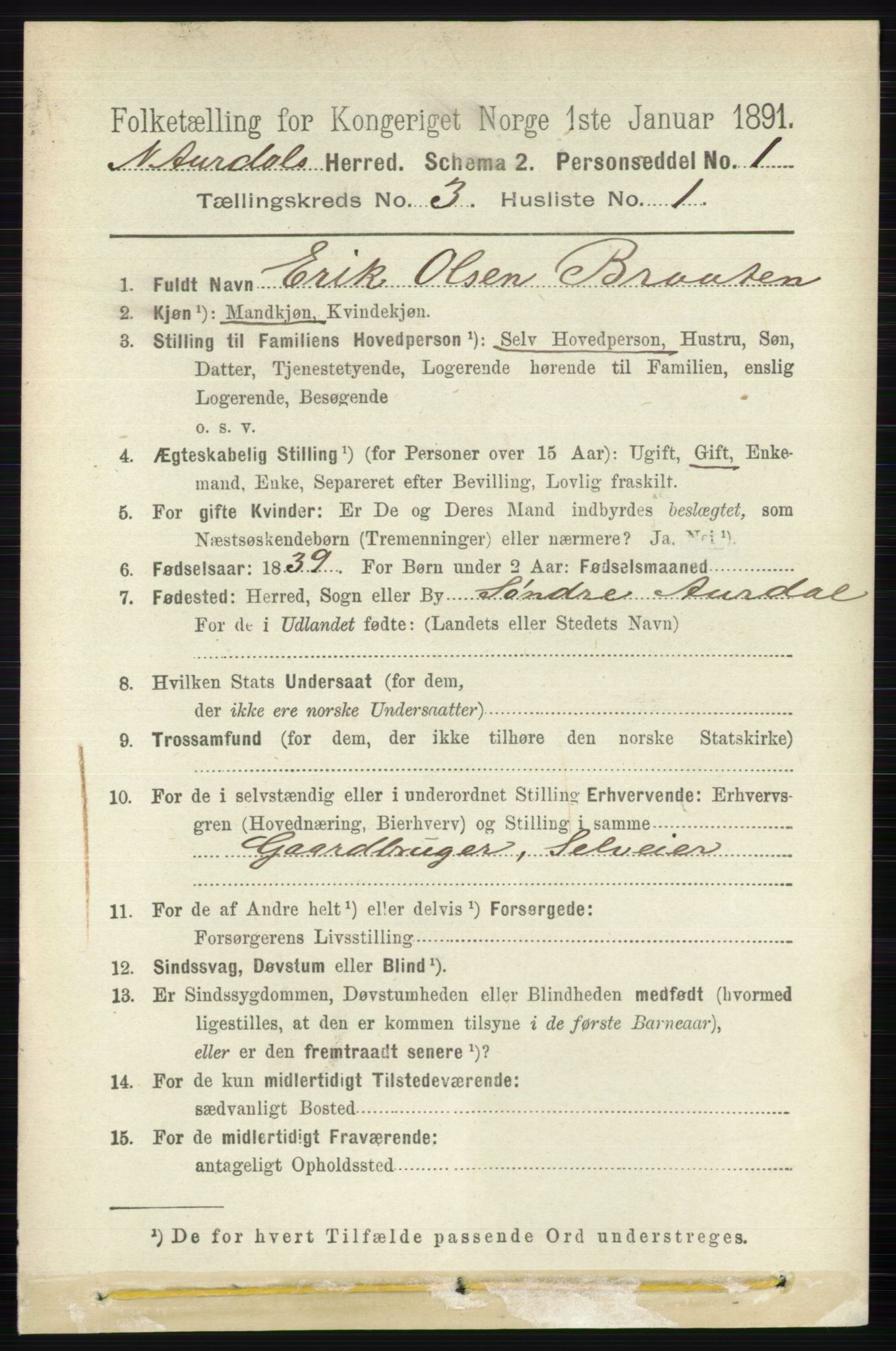 RA, 1891 census for 0542 Nord-Aurdal, 1891, p. 957