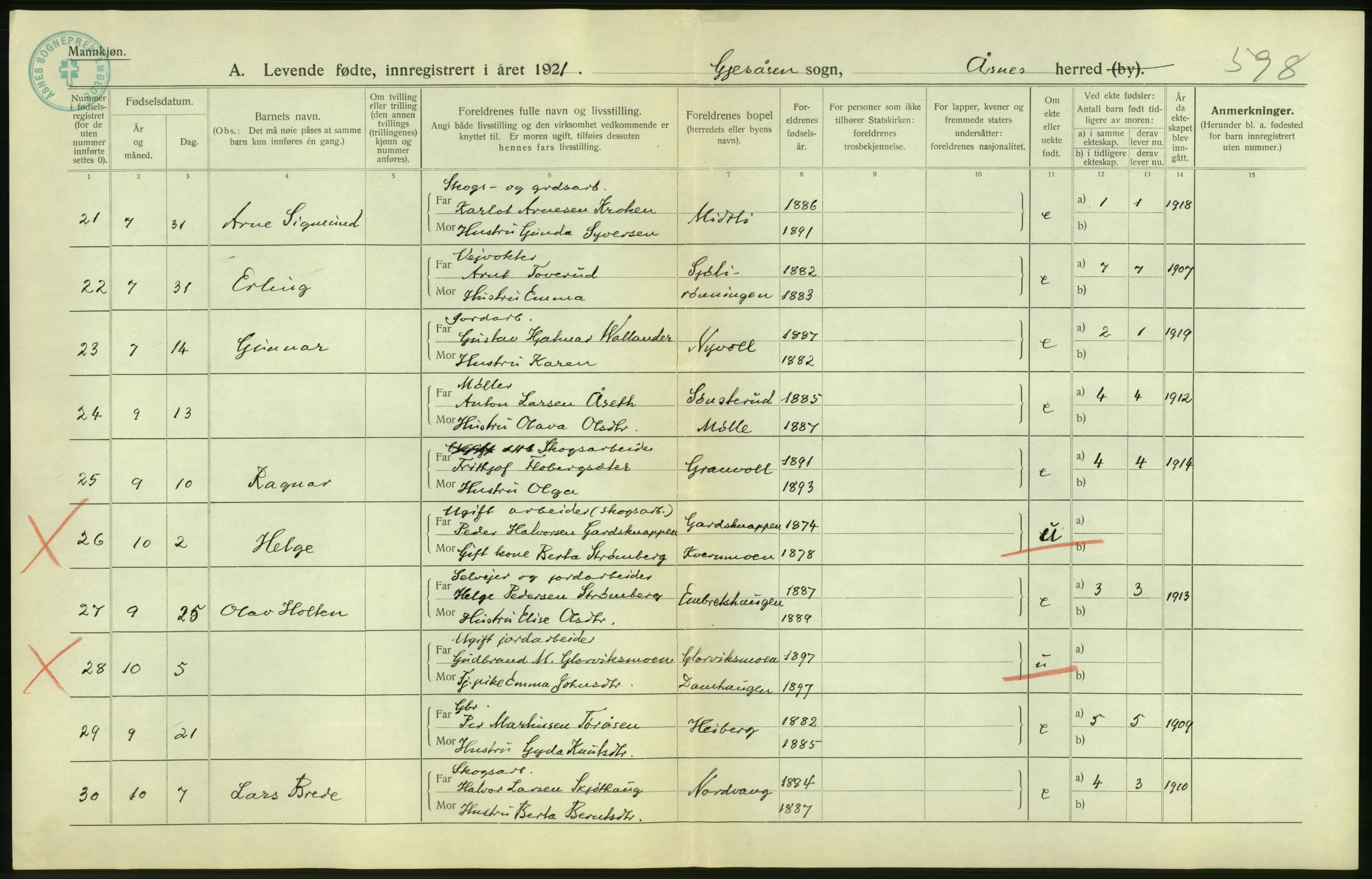 Statistisk sentralbyrå, Sosiodemografiske emner, Befolkning, AV/RA-S-2228/D/Df/Dfc/Dfca/L0014: Hedemark fylke: Levendefødte menn og kvinner. Bygder., 1921, p. 16