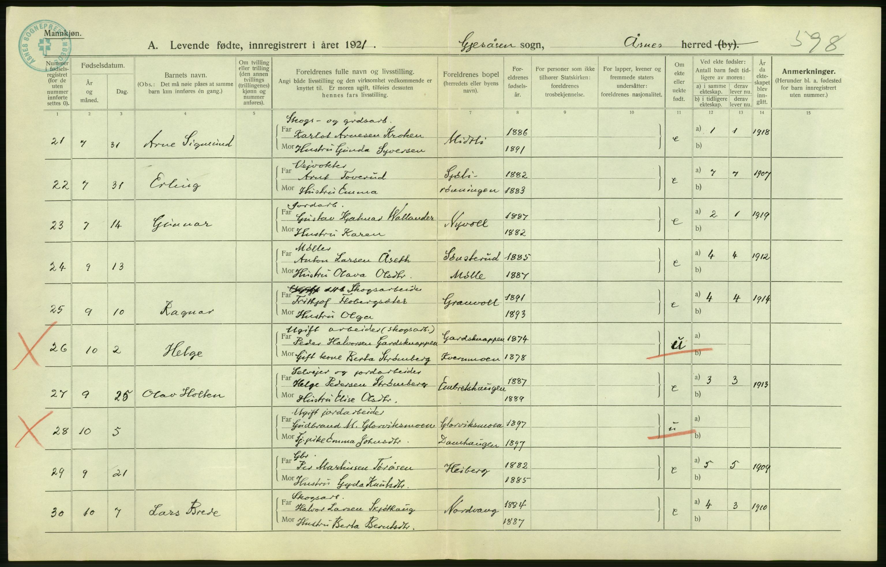 Statistisk sentralbyrå, Sosiodemografiske emner, Befolkning, RA/S-2228/D/Df/Dfc/Dfca/L0014: Hedemark fylke: Levendefødte menn og kvinner. Bygder., 1921, p. 16