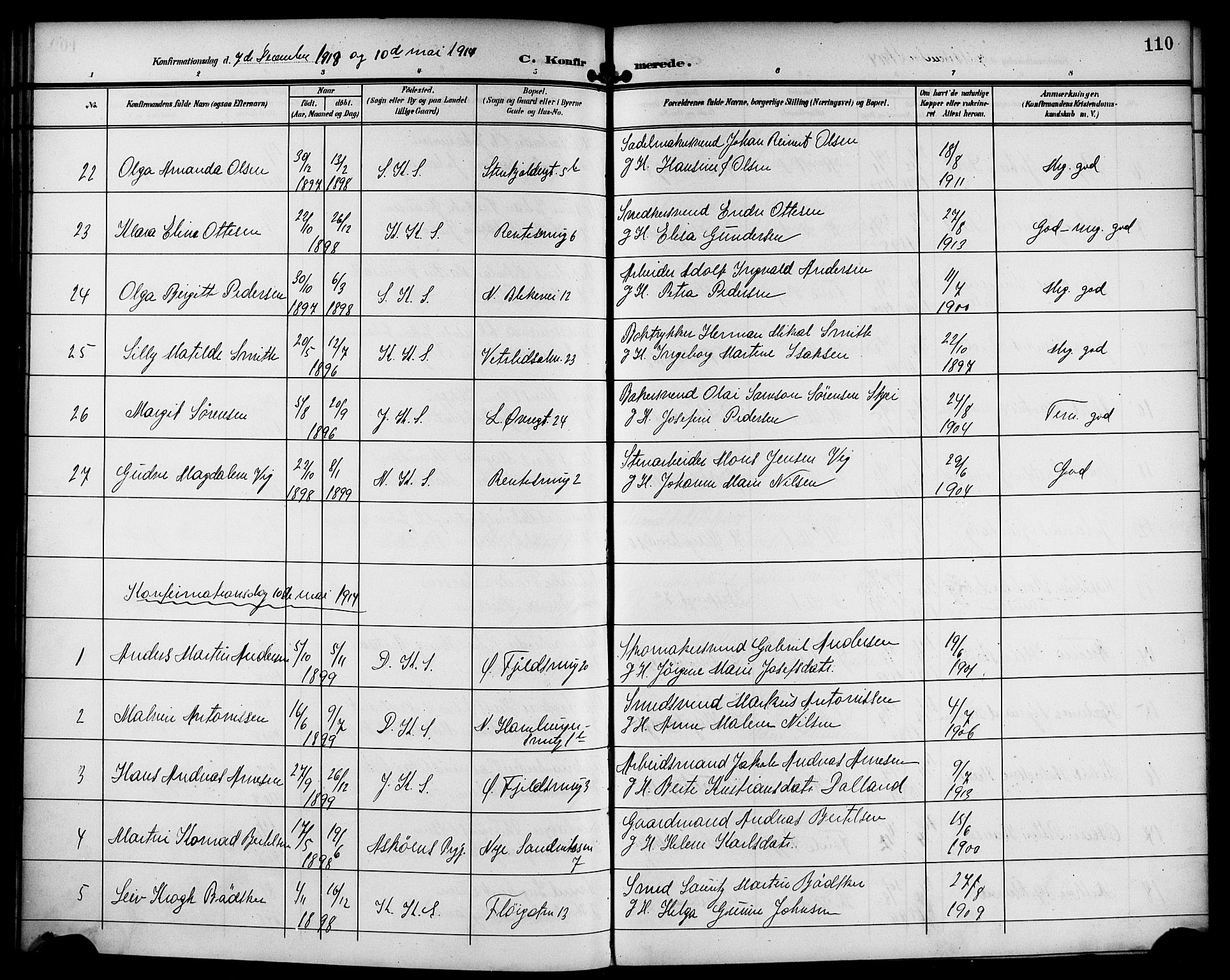 Korskirken sokneprestembete, SAB/A-76101/H/Haa/L0031: Parish register (official) no. C 7, 1907-1921, p. 110
