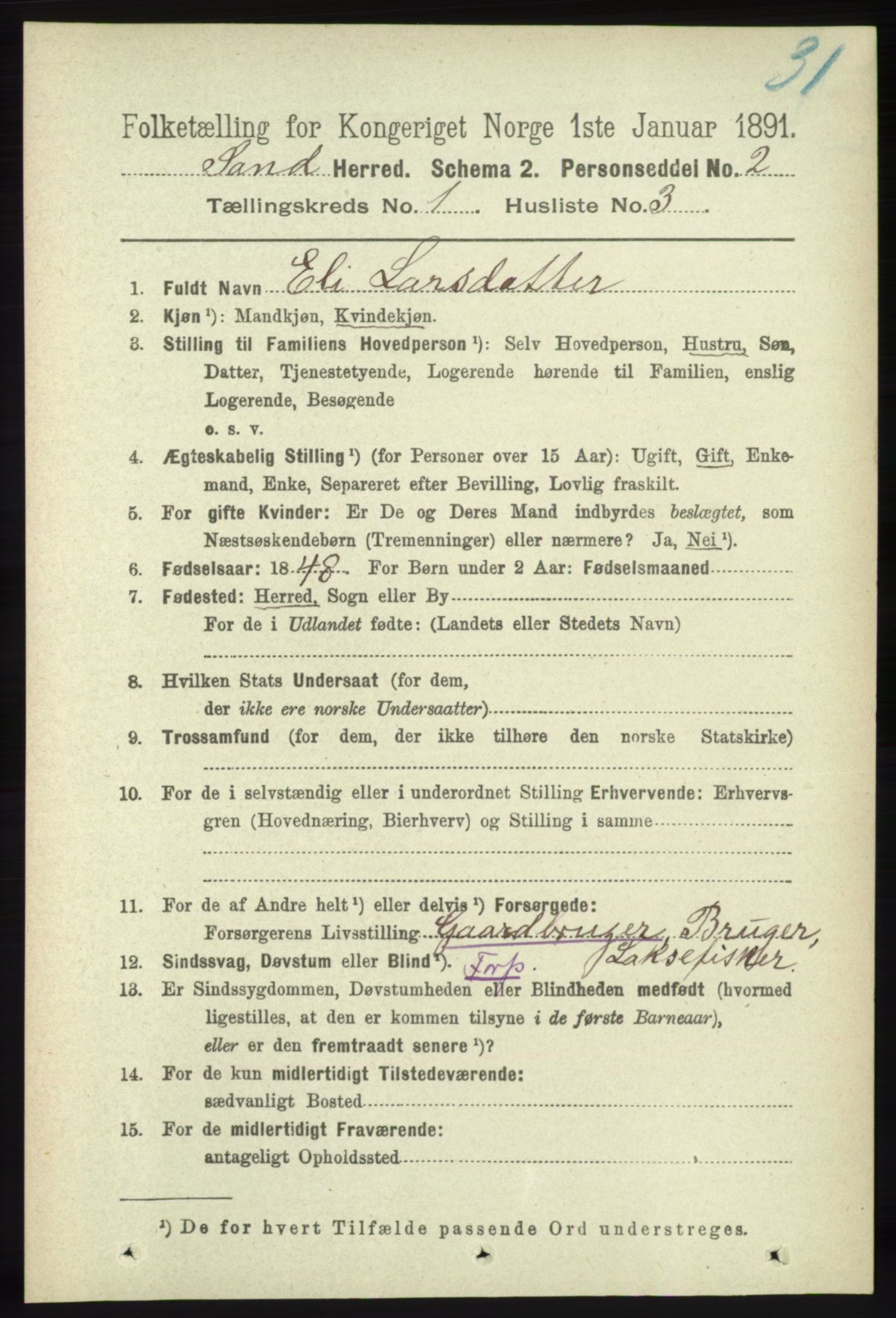 RA, 1891 census for 1136 Sand, 1891, p. 68