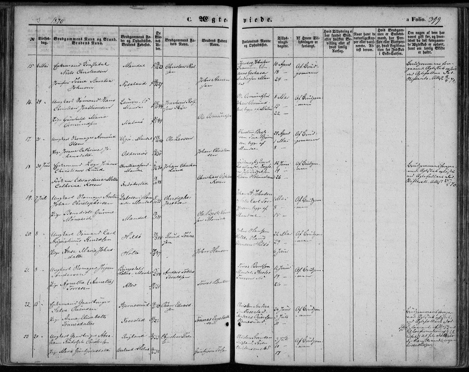 Mandal sokneprestkontor, AV/SAK-1111-0030/F/Fa/Faa/L0014: Parish register (official) no. A 14, 1859-1872, p. 399