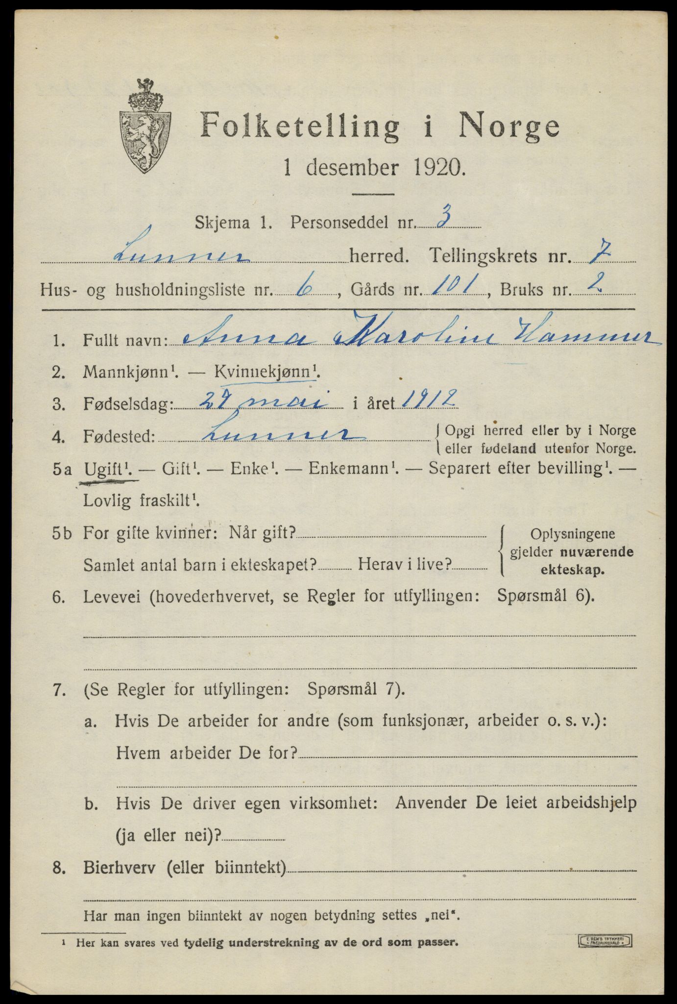 SAH, 1920 census for Lunner, 1920, p. 8647