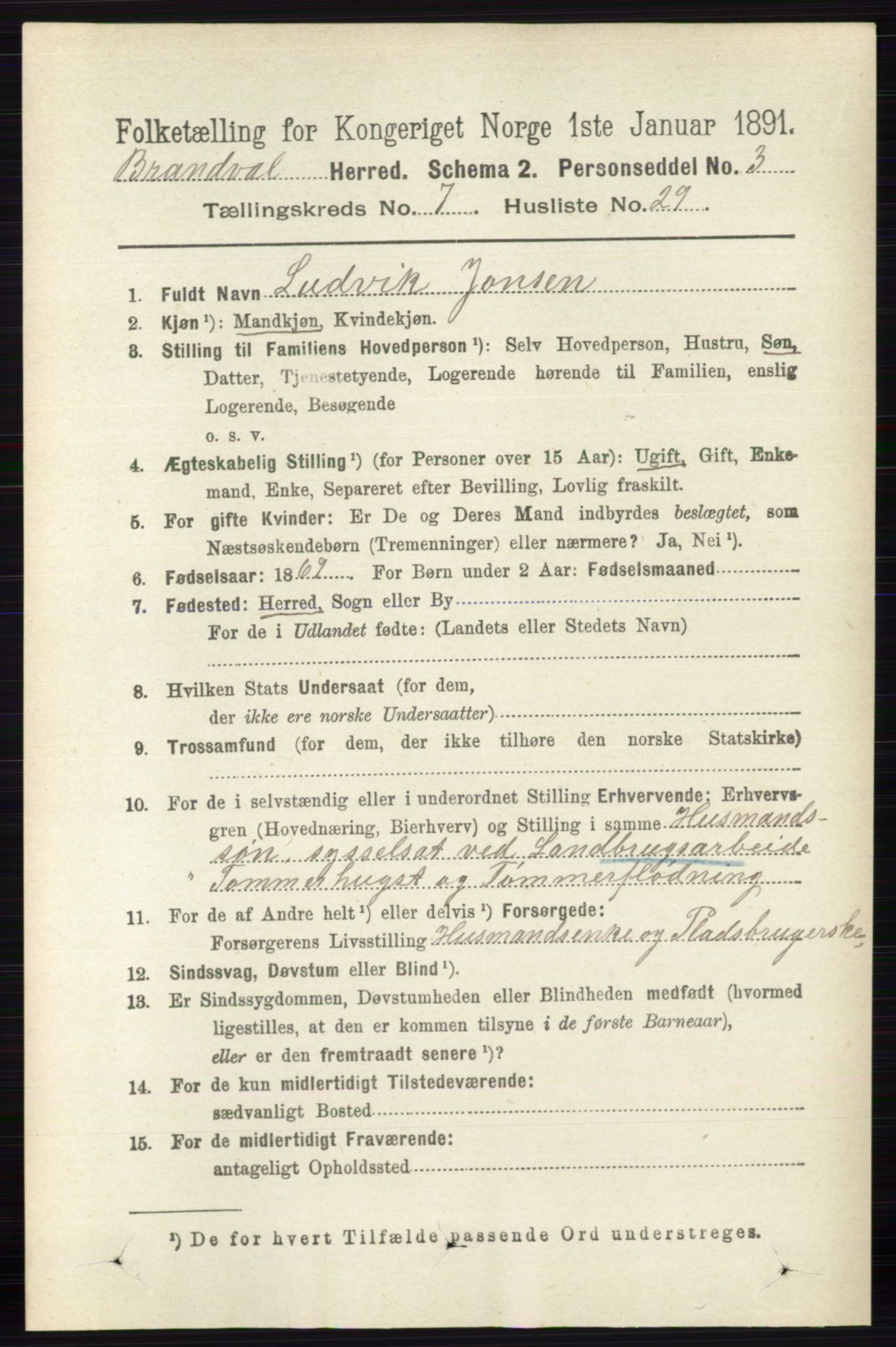 RA, 1891 census for 0422 Brandval, 1891, p. 3523