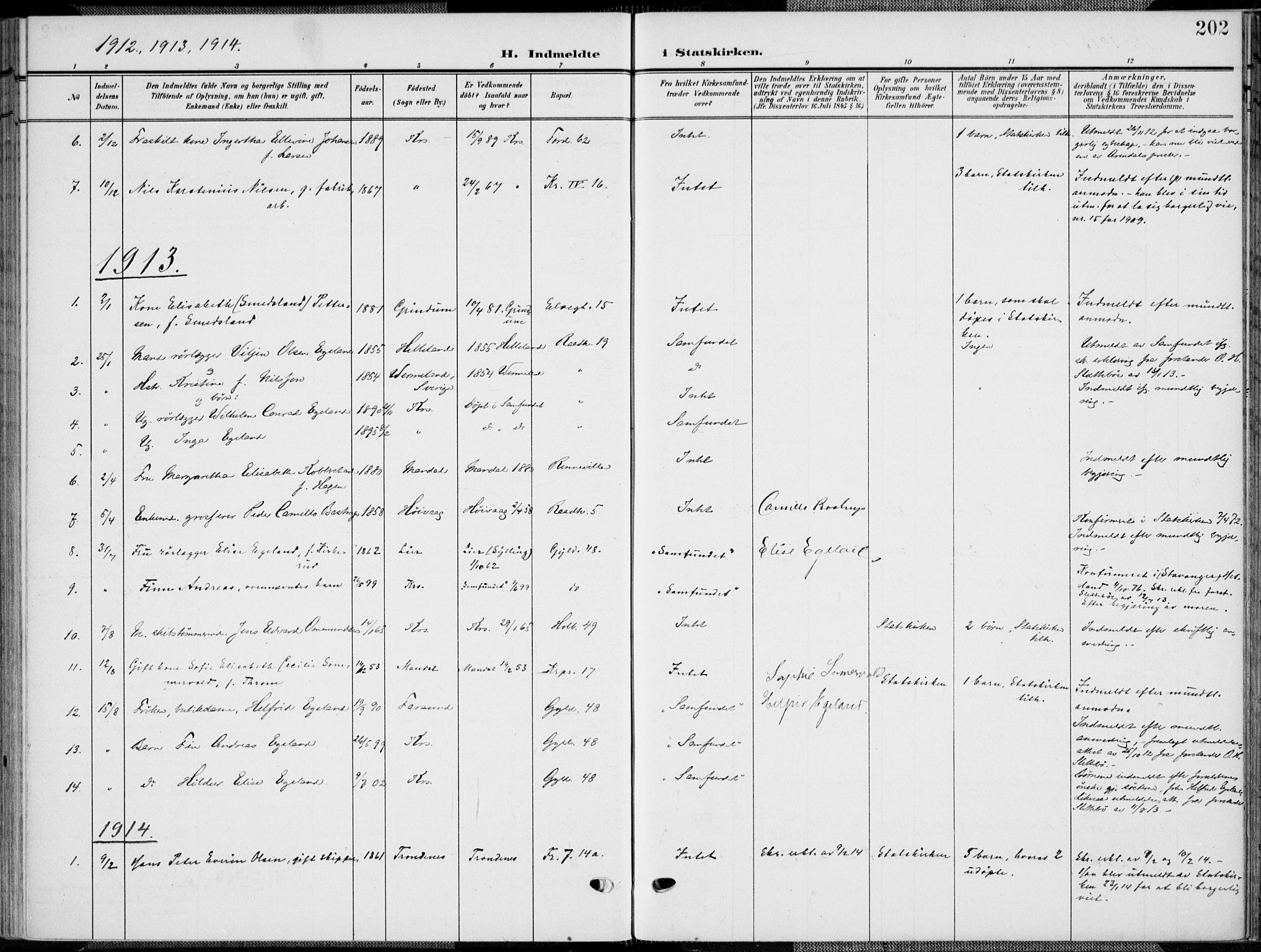 Kristiansand domprosti, SAK/1112-0006/F/Fa/L0022: Parish register (official) no. A 21, 1905-1916, p. 202