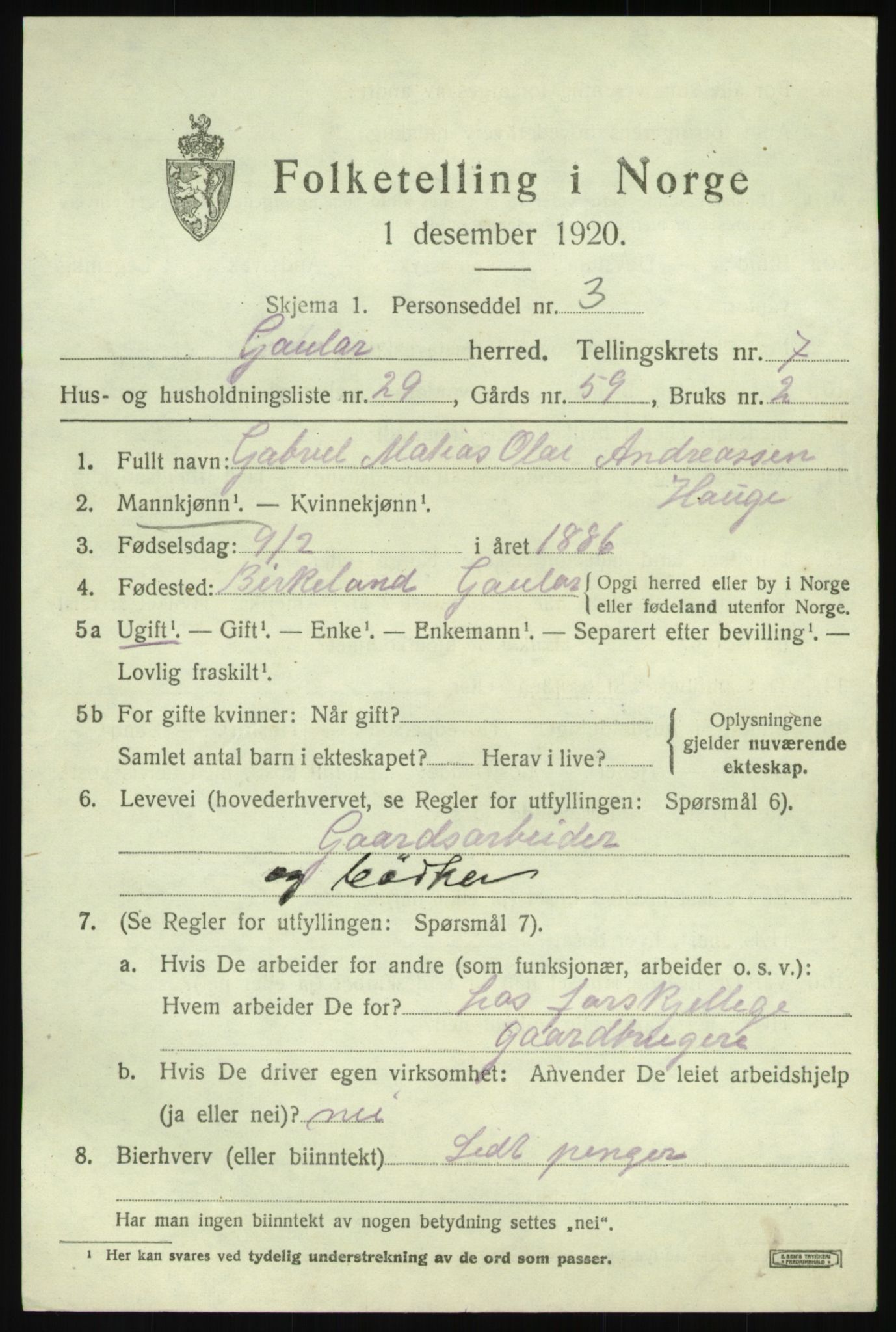 SAB, 1920 census for Gaular, 1920, p. 3800