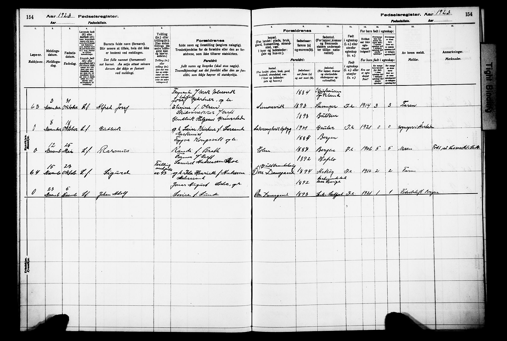 Laksevåg Sokneprestembete, SAB/A-76501/I/Id/L00A1: Birth register no. A 1, 1916-1926, p. 154