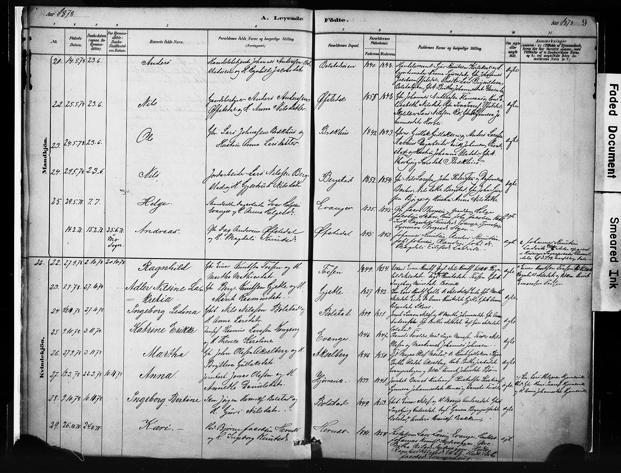 Evanger sokneprestembete, SAB/A-99924: Parish register (official) no. A 1, 1877-1899, p. 9