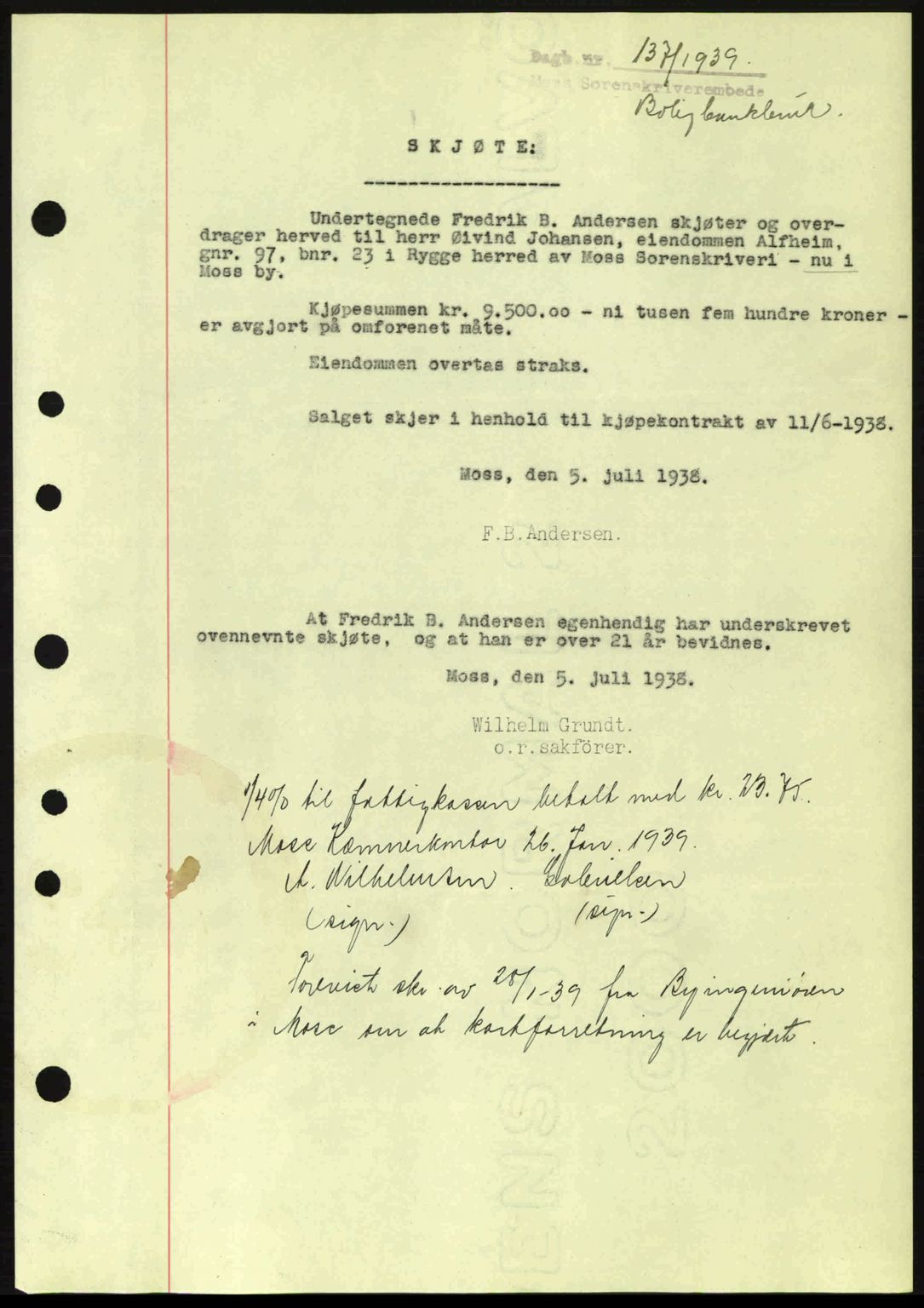 Moss sorenskriveri, SAO/A-10168: Mortgage book no. A5, 1938-1939, Diary no: : 137/1939
