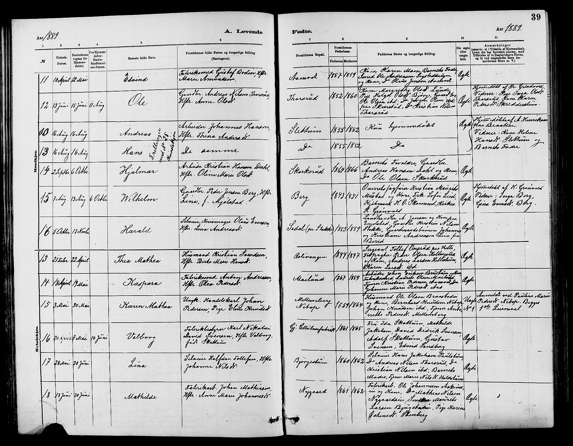 Vardal prestekontor, SAH/PREST-100/H/Ha/Hab/L0007: Parish register (copy) no. 7 /1, 1881-1895, p. 39