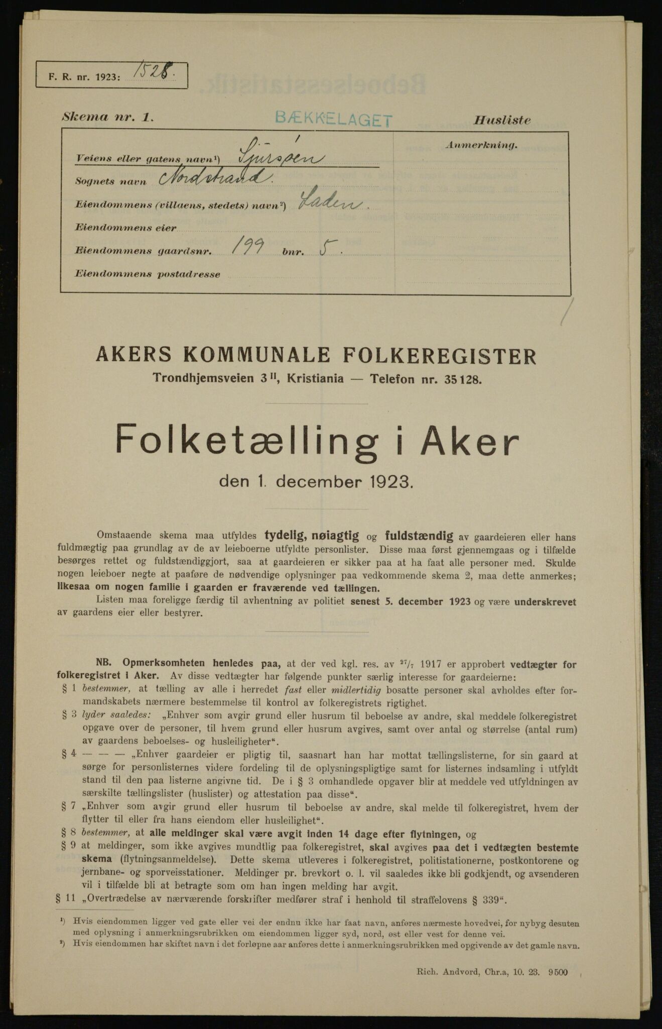 , Municipal Census 1923 for Aker, 1923, p. 45325