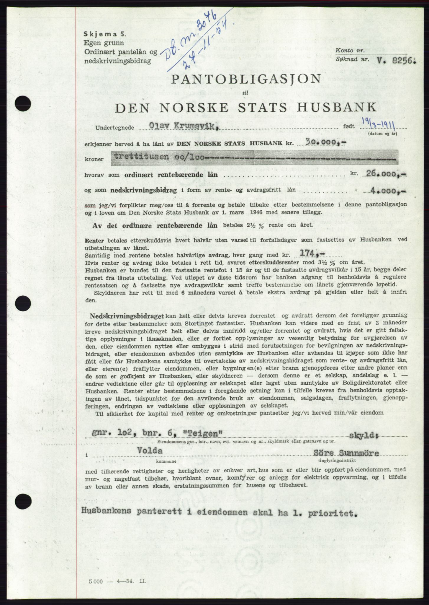 Søre Sunnmøre sorenskriveri, AV/SAT-A-4122/1/2/2C/L0126: Mortgage book no. 14B, 1954-1955, Diary no: : 3076/1954