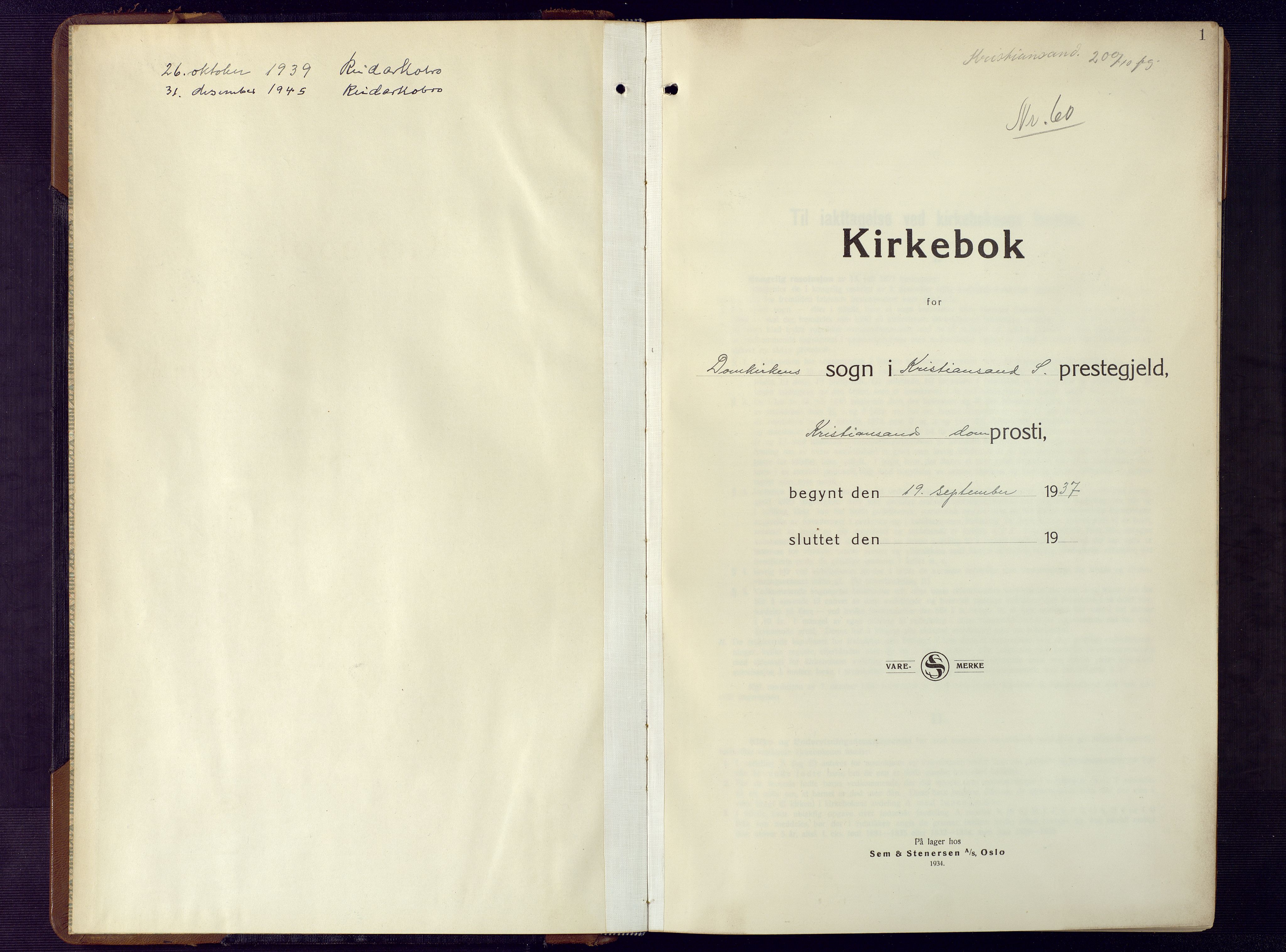 Kristiansand domprosti, AV/SAK-1112-0006/F/Fb/L0029: Parish register (copy) no. B 29, 1937-1945, p. 1